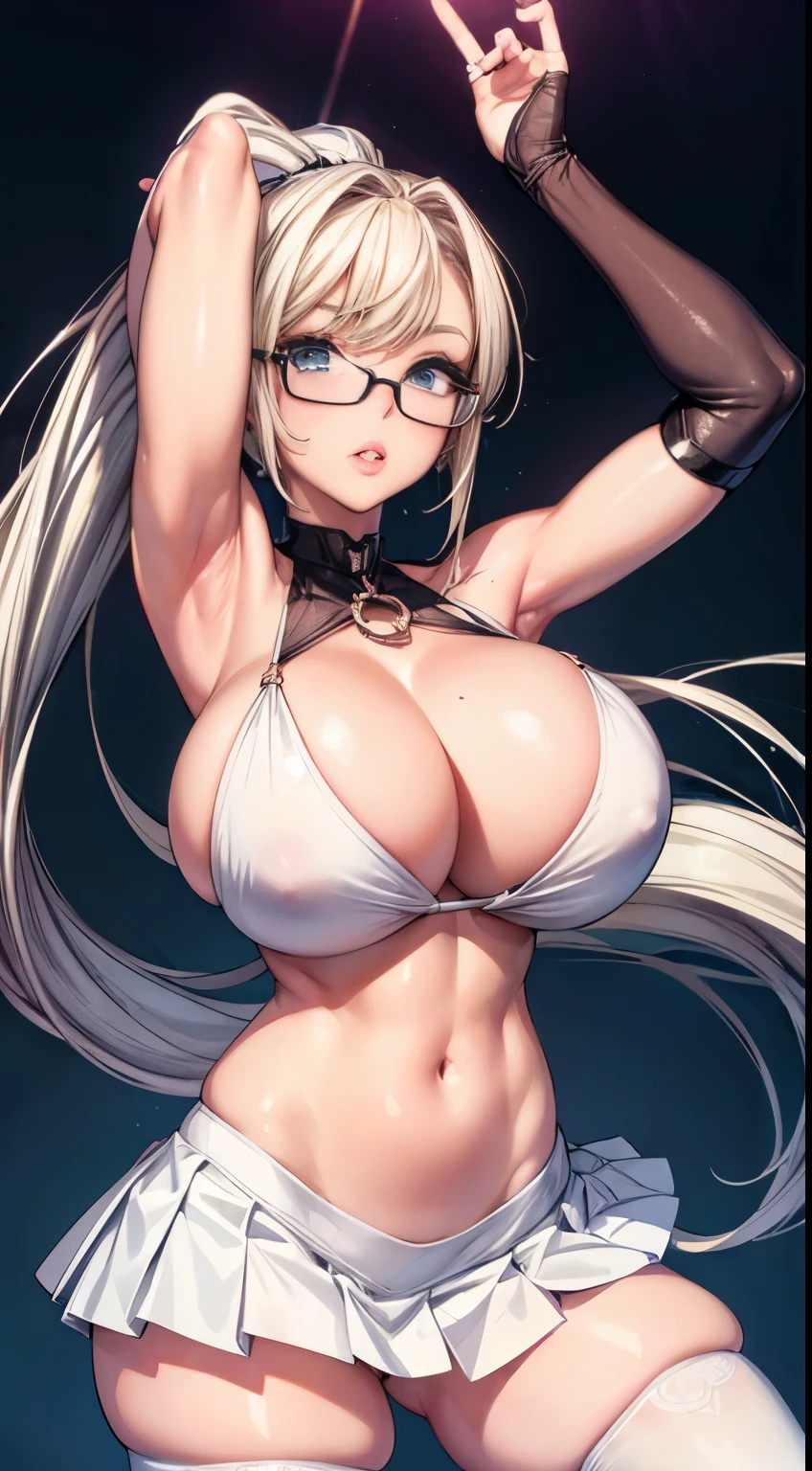 bmb-fc, sunny, bodycon dress, 1girl, face, woman , (masterpiece, best quality), 1girl, 18 years old, ((hands on thighs pose)), show armpit, platinum blonde hair, ((high and long ponytail hair)), plump lips, ((puffy lips)), bimbo lips, huge breast, hourglass figure, shocked face, (((exposed navel))), glasses, hot erotic dancer outfit, tight white micro tube top, stripper pleated microskirt, choker, street, thighhighs,