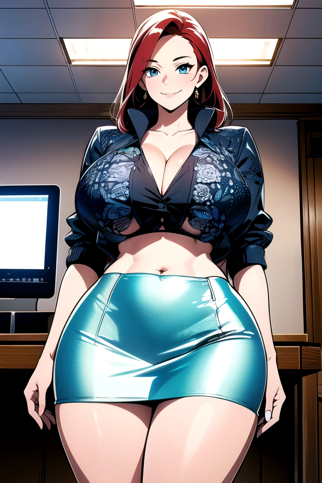 masterpiece, ((ultra detailed background, delicate pattern, intricate detail)), (highly detailed, fine details), best quality, beautiful lighting, (gigantic breasts)), NicoRobinV2, 1girl, red hair, long hair, solo, gigantic breasts, (smile), blue eyes, cleavage, closed mouth, hair slicked back, jewelry, collarbone, ((crop top:1.1), pencil skirt, miniskirt,curvy, thighs, higheels, shiny clothes, skin tight), (complex detailed background, inside, luxury office), curvy, cowboy shot, gigantic breasts