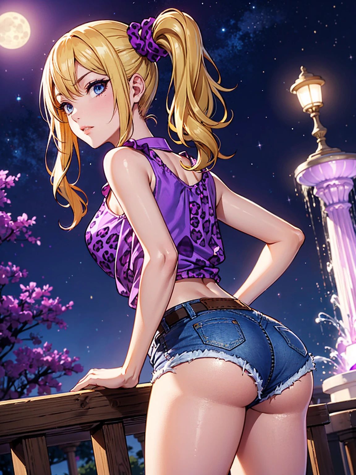 ((1girl, solo, alone, ai hayasaka, bangs, blue eyes, blonde hair, hair ornament, sidelocks, side ponytail, scrunchie, hair scrunchie, blue scrunchie)), (big ass, looking back, Square, fountain, night, stars, moonlight, halter blouse, ((purple blouse, (purple leopard print blouse))), sleeveless blouse, short blouse, (mini shorts, denim shorts))