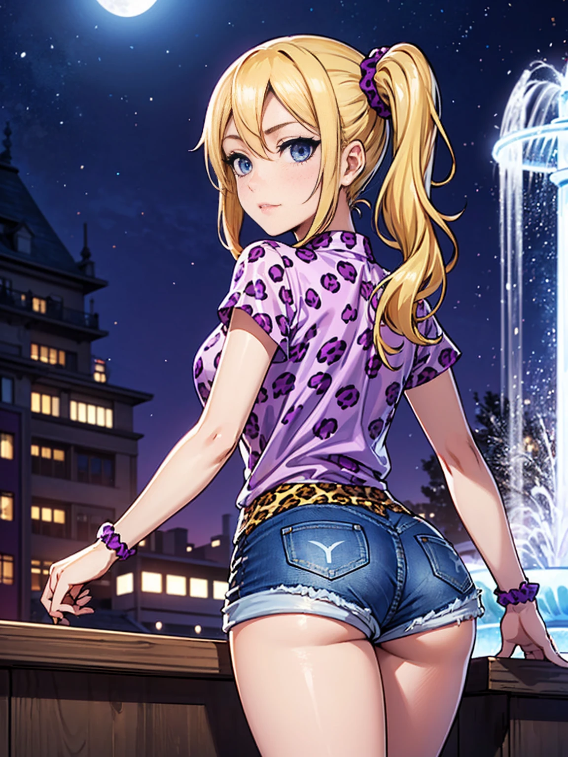 ((1girl, solo, alone, ai hayasaka, bangs, blue eyes, blonde hair, hair ornament, sidelocks, side ponytail, scrunchie, hair scrunchie, blue scrunchie)), (big ass, looking back, Square, fountain, night, stars, moonlight, halter blouse, ((purple blouse, (purple leopard print blouse))), sleeveless blouse, short blouse, (mini shorts, denim shorts))