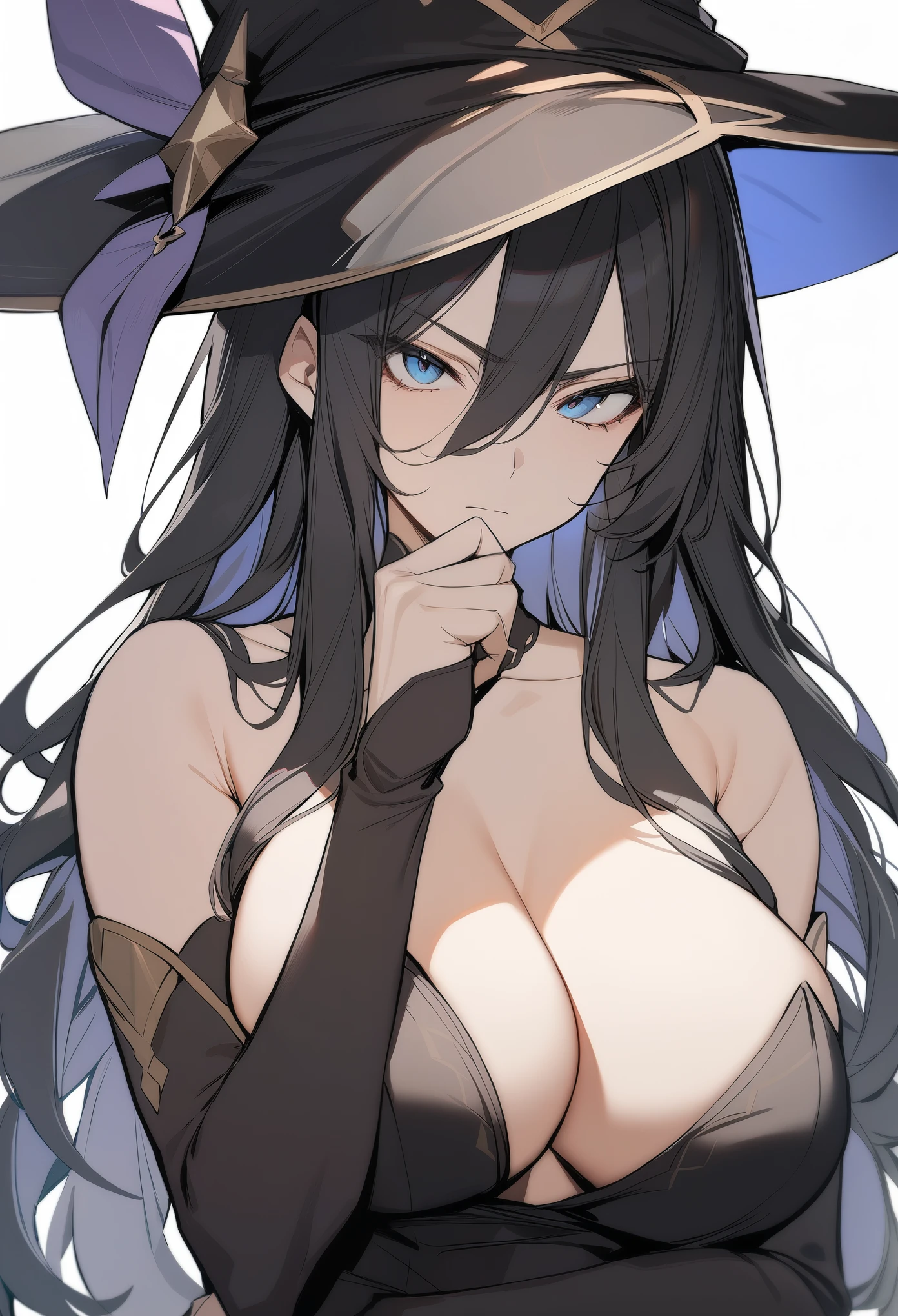 1girl, upper body, looking at viewer, witch, mature female, long hair, black hair, tsurime, blue eyes, large breasts, cleavage, strapless, detached sleeves, bare shoulder, witch hat, expressionless, stroking own chin, serious, simple background, masterpiece, best quality