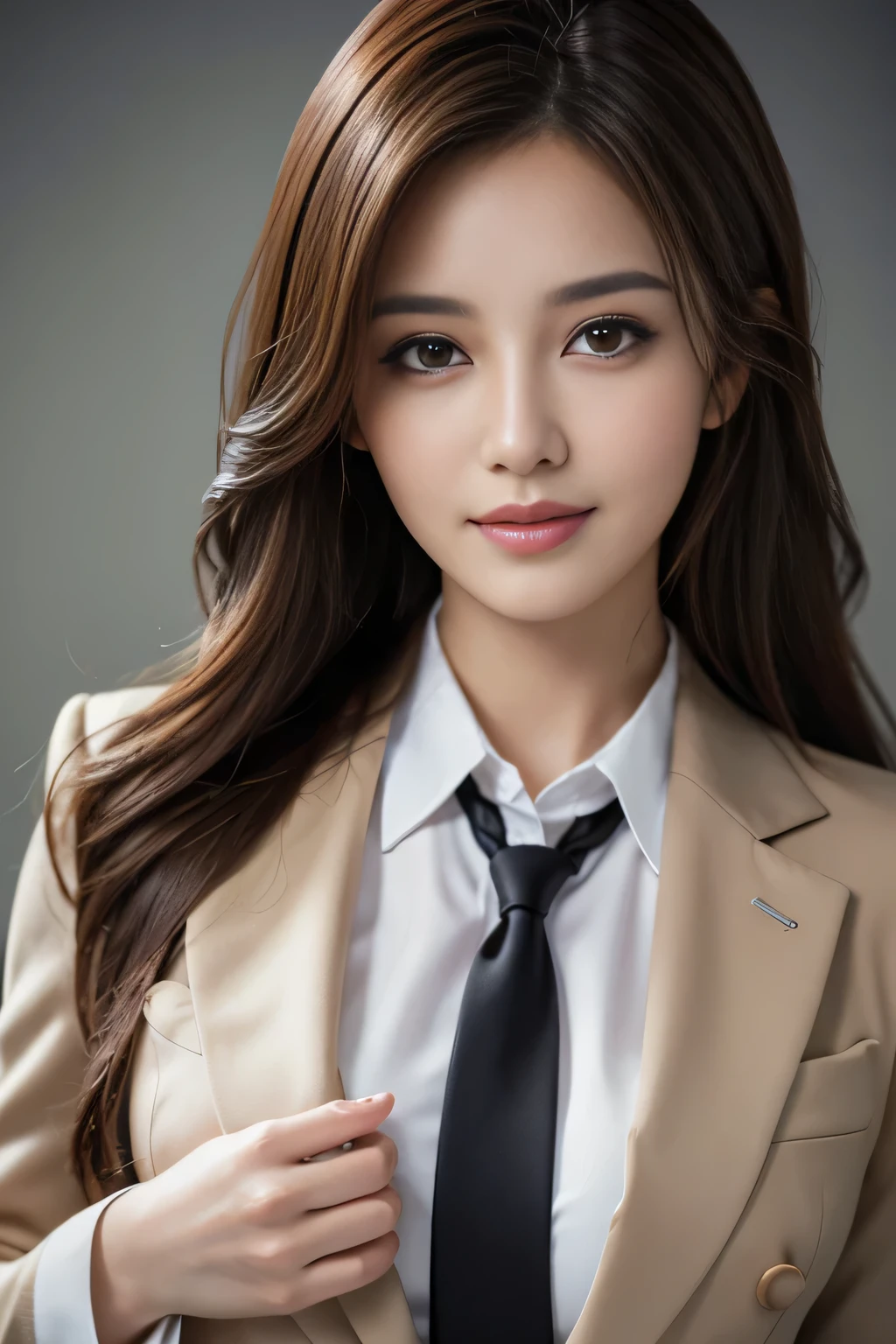 table top, highest quality, realistic, Super detailed, finely, High resolution, 8k wallpaper, 1 beautiful woman,, light brown messy hair, wearing a business suit, sharp focus, perfect dynamic composition, beautiful and detailed eyes, thin hair, Detailed realistic skin texture, smile, close-up portrait, model body shape