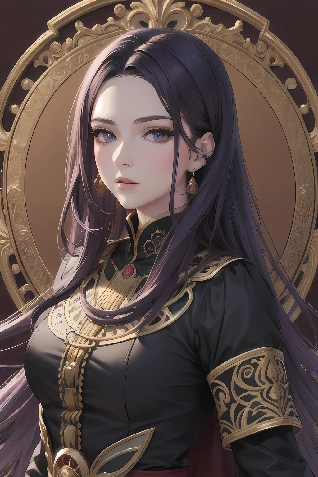 highres, ultra detailed, ultra detailed background, extremly detailed, ultra detailed face, ulta detailed, masterpiece, best quality:1.3, top quality, official art, 1girl, ravnes, crimson and gold ornate dress, dark forest, blue eyes, black and purple hair