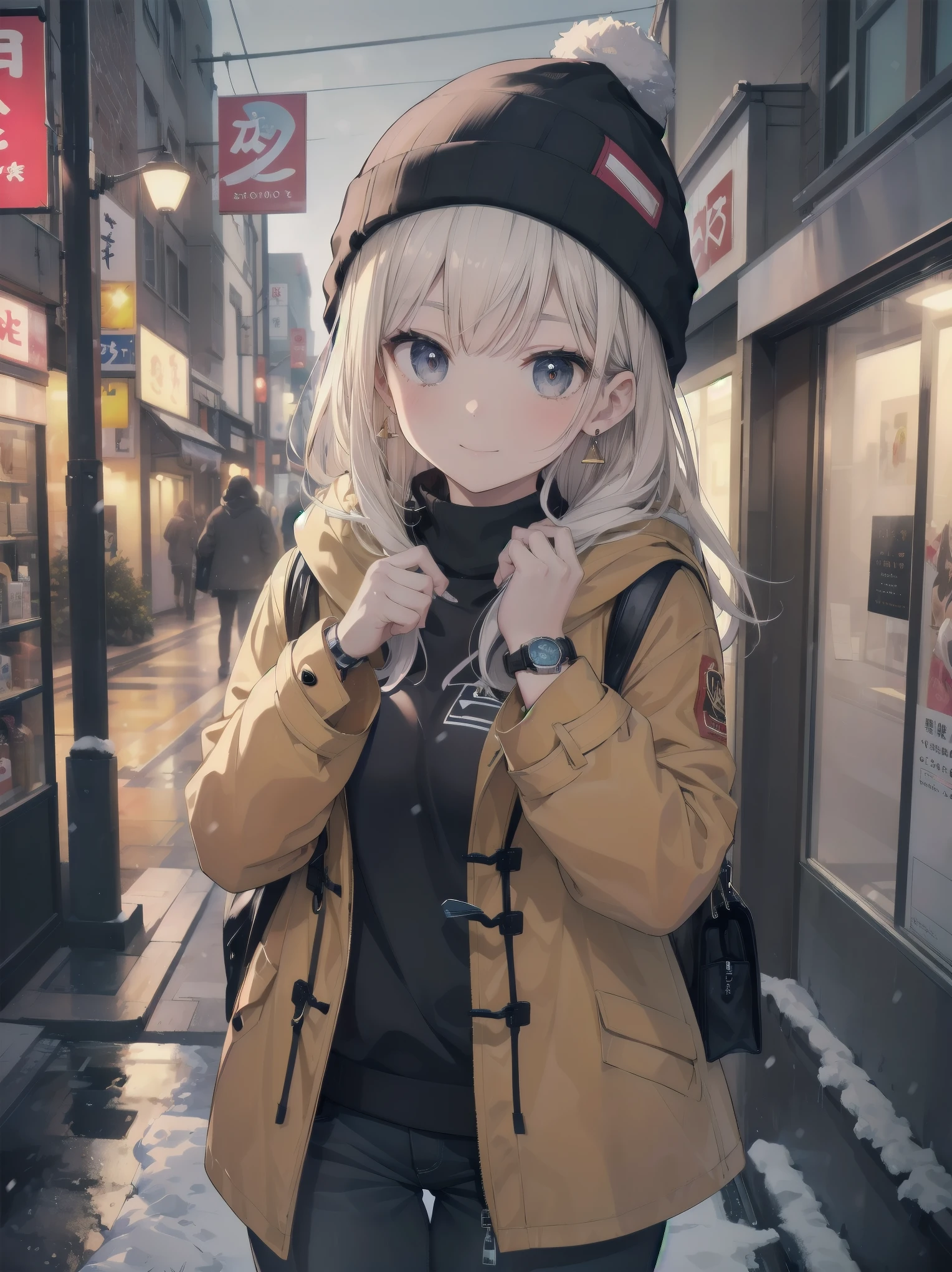perfect body, perfect breasts, wearing a beanie, wearing a winter jacket, wearing a duffle coat, carrying a bag, wearing a watch, wearing earrings, in public, creatures in Tokyo city, on the street, snow in road, it's snowing, looking at the viewer, a slight smile, realism, masterpiece, textured skin, super detail, high detail, high quality, best quality, 1080p, 16k