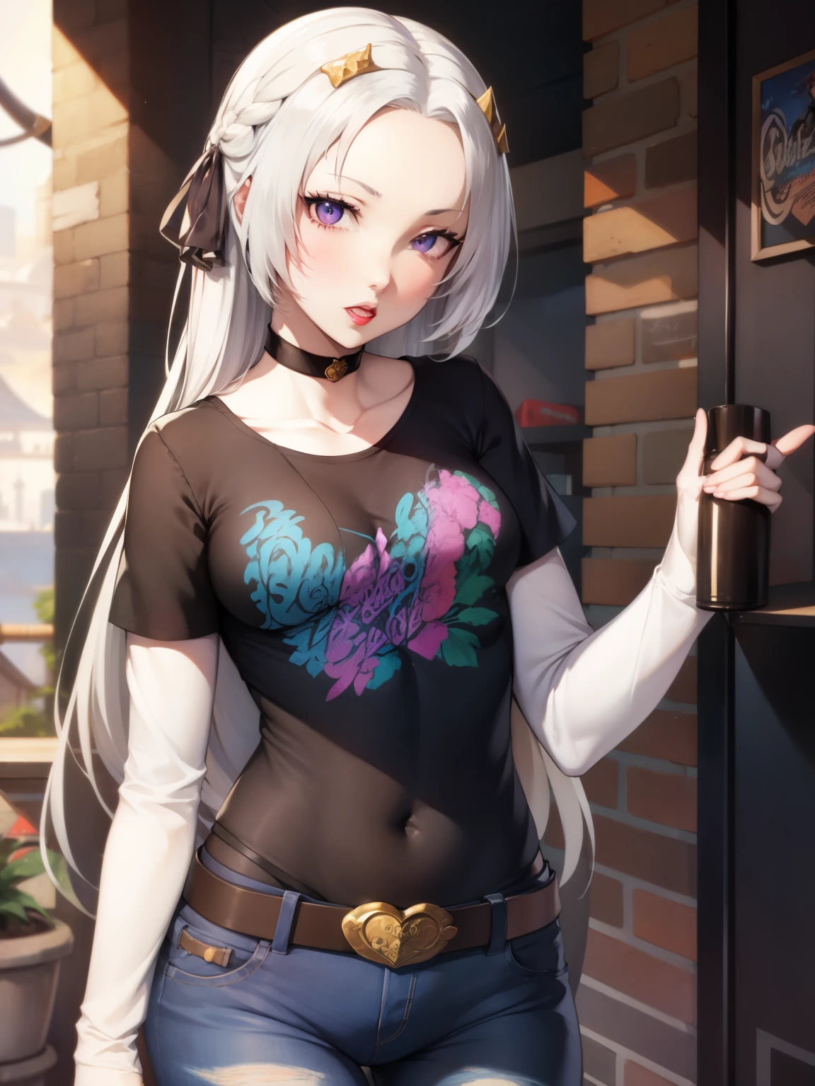 edelgard_academy, hair ribbon, long hair, brown hair, purple eyes, glossy lips , 1girl, solo, standing, black t-shirt, white shirt, jeans, belt, lipstick, eyewear on head,
