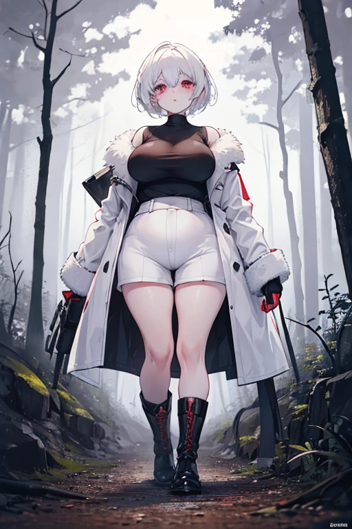 18 years old，woman，short height，obese，plump ass，plump breasts，Lovely looks，Short white fluffy hair，fair skin，red pupils， white eyelashes，fleshy lips，white sweater，black coat，Black mini shorts，A pair of black boots，In the eerie forest，There are many very scary monsters，Eyes empty and lifeless，Have slight dark circles，full body picture