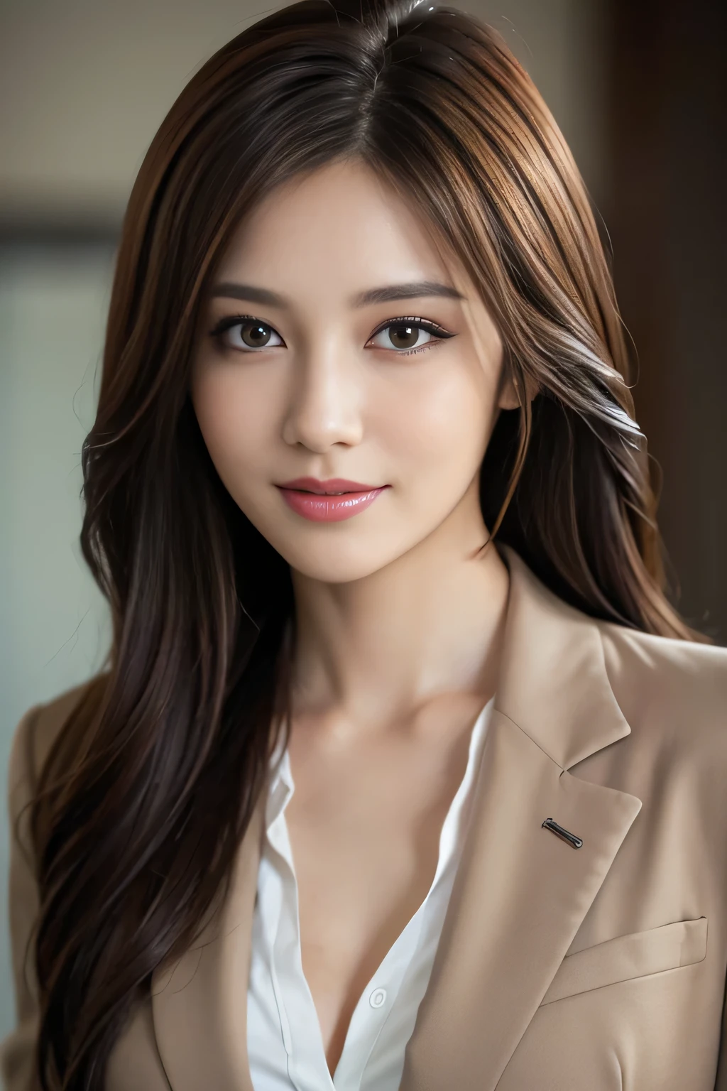 table top, highest quality, realistic, Super detailed, finely, High resolution, 8k wallpaper, 1 beautiful woman,, light brown messy hair, wearing a business suit, sharp focus, perfect dynamic composition, beautiful and detailed eyes, thin hair, Detailed realistic skin texture, smile, close-up portrait, model body shape
