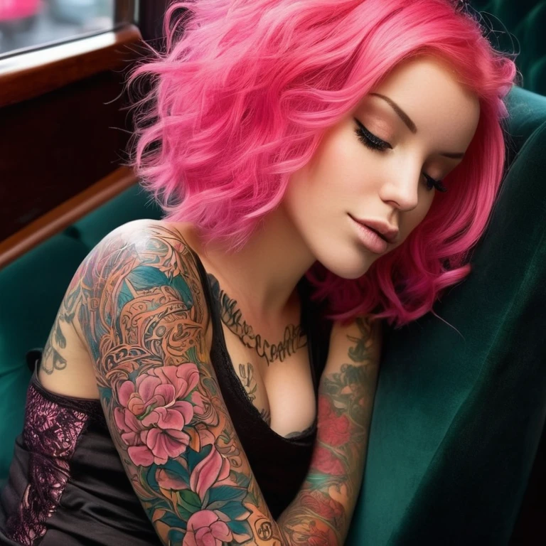 Imagine Laurence Bedard reclining on a plush velvet sofa in a cozy coffee shop, her pink hair framing her captivating features. As she sips her espresso, the sleeve of her full body tattoo peeks out from beneath her croped top, hinting at the intricate designs that adorn her skin. The aroma of freshly ground coffee mixes with the sight of her mesmerizing ink, of the caligraphic style tattoo saying overcome, on her abdomin,