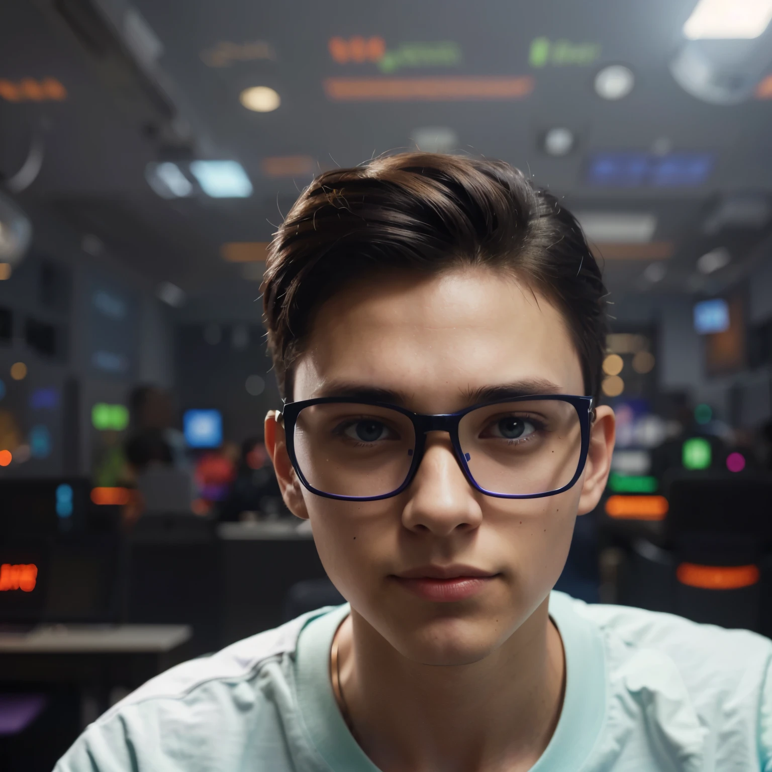 a dark cartoon character with a headshot of a young computer geek, working on a laptop, perfectly centered. purple jacket, looking directly at the camera, in a high-tech environment, digital art, highly detailed, medium portrait body, 8k best quality, super detail, Ultra HD
