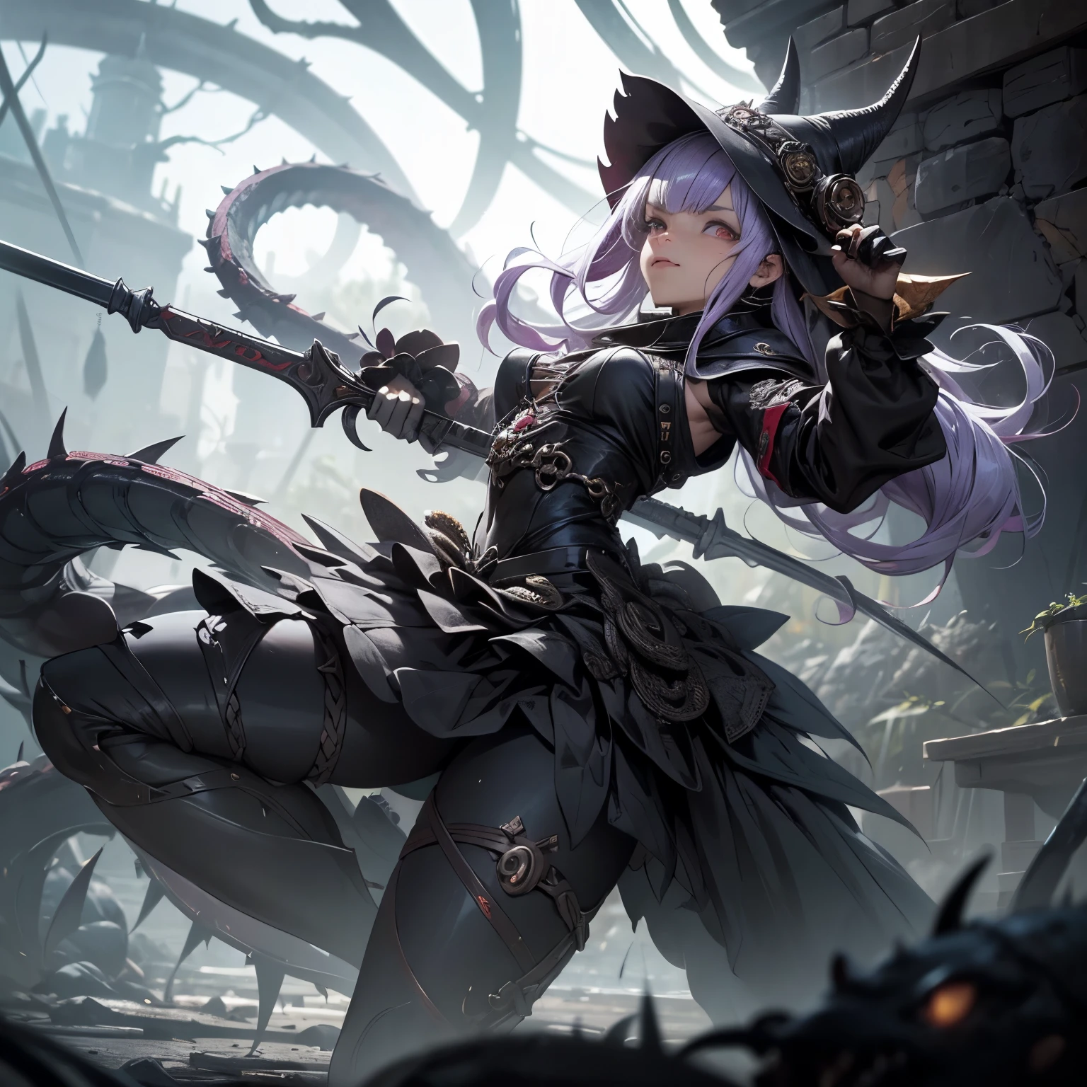 Automaton Girl, mecanismos sombrios, uma Arma Mangual Aberrante repousa, A nightmare creation ready for action. This mangrove weapon is a grotesque monstrosity, with twisted tentacles that form the extension of the weapon. Each tentacle ends in an eyelid with sharp teeth and fangs, projecting like lethal blades. The body of the weapon is adorned with maniacal eyes that are filled with stitched human arms and tentacles that writhe like serpents. Apesar de estar acorrentada, the Aberrant Mangual Weapon displays an expression of madness and extreme insanity, as if it were a living extension of the chaos that inhabits the dungeon. Seus olhos brilham com uma intensidade perturbadora. The surrounding environment is ominous, with damp stone walls and a silence that seems oppressive. The Aberrant Mangual Weapon is a cursed relic, A weapon that defies all notions of sanity and can unleash destruction at any moment.