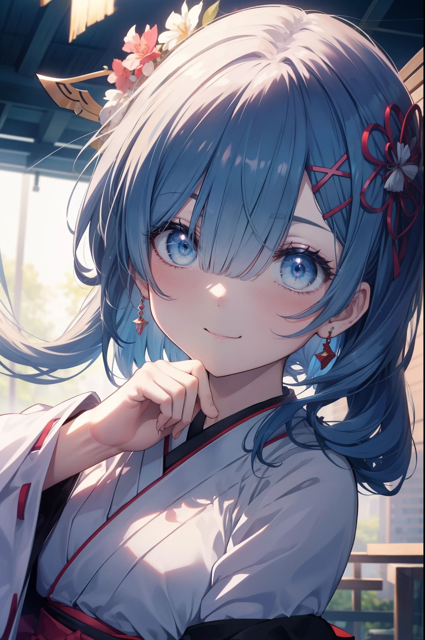 rezeroRem, Rem, blue eyes, blue hair, hair ornaments, hair above one eye, hair ribbon, x hair ornaments,smile,blush,
Platycodon,Miko, kimono, kimono, same as skirt, wide sleeve, long sleeve,white foot bag,Zori ribbon trim sleeves, very long hair, dull bangs, low ponytail, has a broom,掃き掃除中
break outdoors,shrine,
break looking at viewer,
break (masterpiece:1.2), highest quality, High resolution, unity 8k wallpaper, (figure:0.8), (detailed and beautiful eyes:1.6), extRemely detailed face, perfect lighting, extRemely detailed CG, (perfect hands, perfect anatomy),