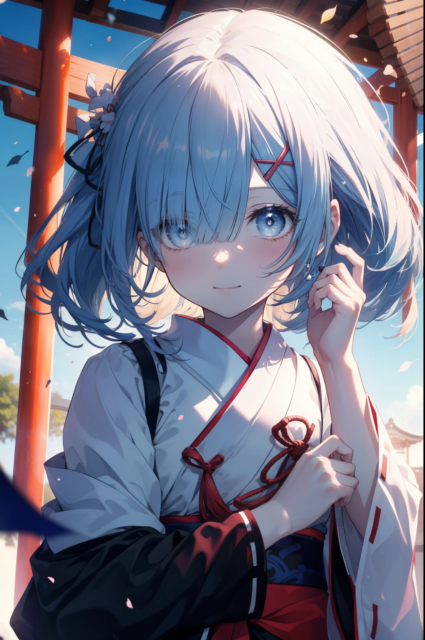 rezeroRem, Rem, blue eyes, blue hair, hair ornaments, hair above one eye, hair ribbon, x hair ornaments,smile,blush,
Platycodon,Miko, kimono, kimono, same as skirt, wide sleeve, long sleeve,white foot bag,Zori ribbon trim sleeves, very long hair, dull bangs, low ponytail, has a broom,掃き掃除中
break outdoors,shrine,
break looking at viewer,
break (masterpiece:1.2), highest quality, High resolution, unity 8k wallpaper, (figure:0.8), (detailed and beautiful eyes:1.6), extRemely detailed face, perfect lighting, extRemely detailed CG, (perfect hands, perfect anatomy),