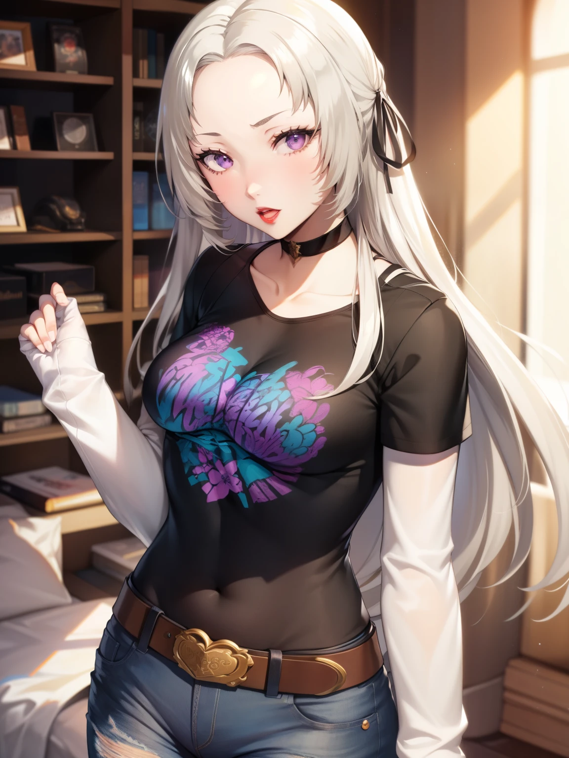 edelgard_academy, hair ribbon, long hair, light brown hair, purple eyes, glossy lips , 1girl, solo, standing, black t-shirt, white shirt, jeans, belt, lipstick, eyewear on head,
