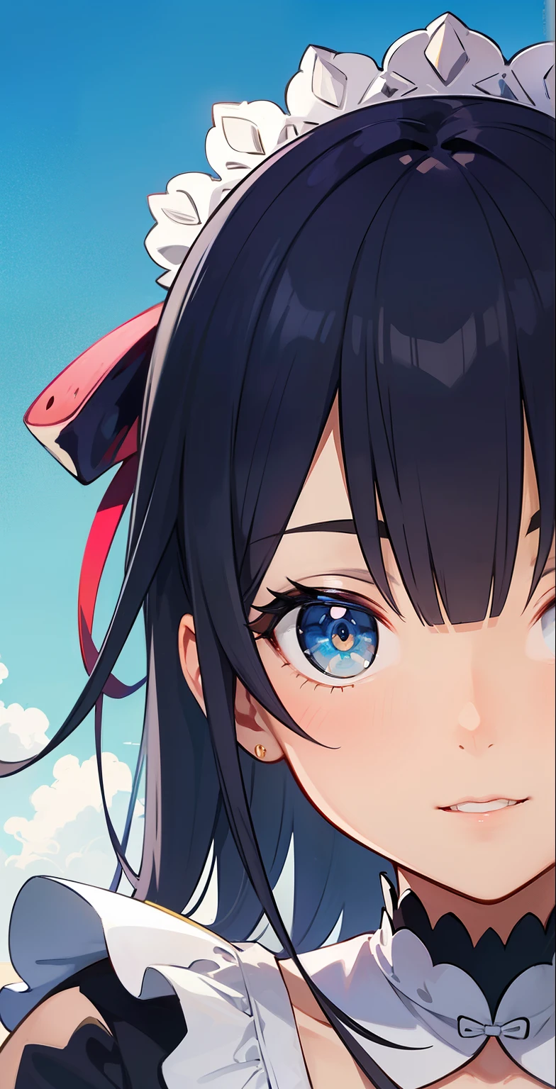 (best quality:1.3),ultra-detailed, intense gaze, Re:Zero character, close-up of the face, blue hair, long hair, maid outfit, hair accessory, opened neckline, detached sleeves, masterpiece, top quality, top quality, 1, beach party, underwater, fish, watermelon, cute style, perfect structure, winter theme.