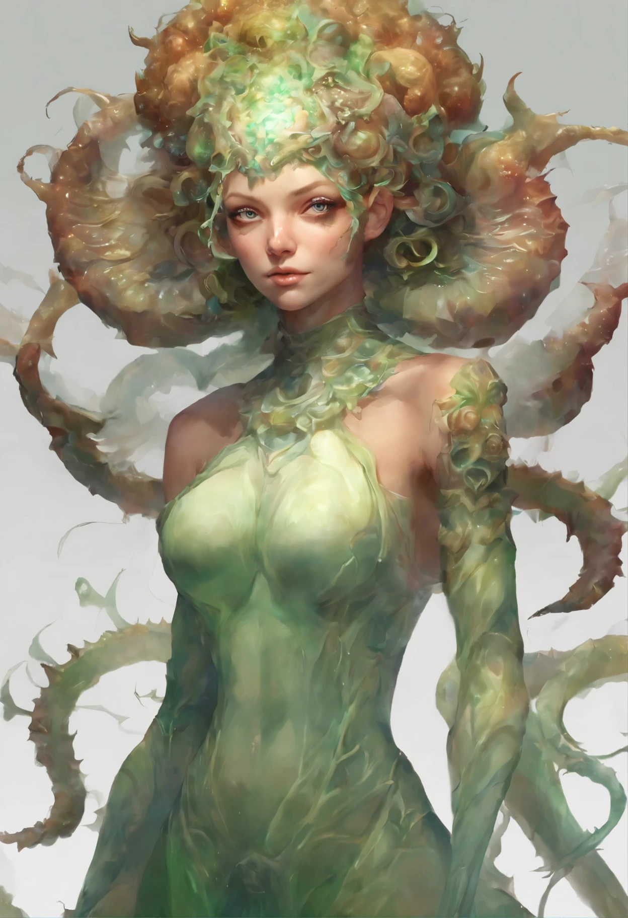 (Portrait of a beautiful yet frightening female alien ager:1.4), ((There is a female genital-like organ in the middle of the forehead.:1.8)), (realistic face:1.2), Super realistic clear skin, she is very sleepy, (Number of award-winning masterpieces々, incredibly detailed, Texture and maximum detail), midnight aura, unreal engine 5, super sharp focus, midnight aura, unreal engine 5, super sharp focus, (art by Amano Yoshitaka:1.5), art germ, Reusch, intricate artwork, ultra realistic realism, High resolution, High freshness, draw faithfully, official art, Unity 8K 壁紙, Super detailed artistic photography, dream-like, fantasy creation, dream snail, (biopunk nautilus:1.3),thrilling color scheme, amazing mutation, well-proportioned body, goddess of the deep sea, fractal, Geometric pattern, impossible numberany transparent white tentacles with luminescent organs:1.4), Subtle emerald green accents, (smile seductively:1.3),(she has the most beautiful face in the history of the universe:1.5), (She looks down at the viewer with glowing red eyes without pupils:1.3), an evil gaze that seduces, cinematic lighting, (no makeup:1.3), (From the gap between your cute lips、Long canine teeth peek out like a vampire:1.5), in the palace hall, A sweet sigh leaks from your beautiful lips, ecstatic expression, She has countless hair-like translucent tentacles on her head.。
