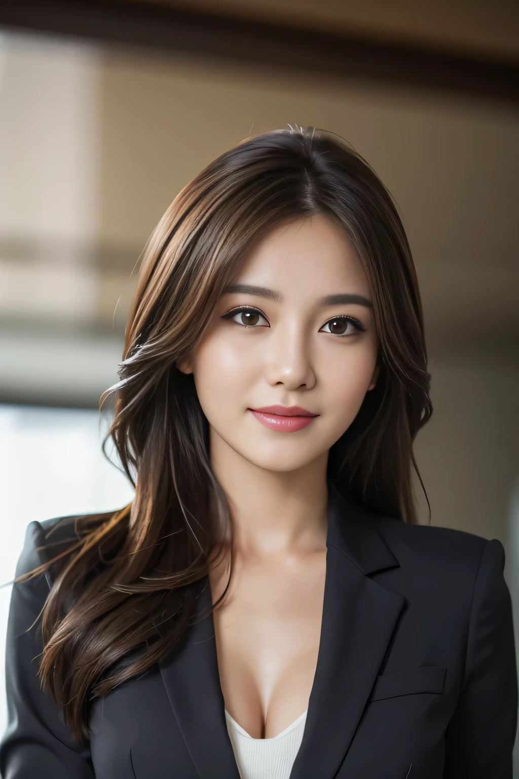 table top, highest quality, realistic, Super detailed, finely, High resolution, 8k wallpaper, 1 beautiful woman,, light brown messy hair, wearing a business suit, sharp focus, perfect dynamic composition, beautiful and detailed eyes, thin hair, Detailed realistic skin texture, smile, close-up portrait, model body shape