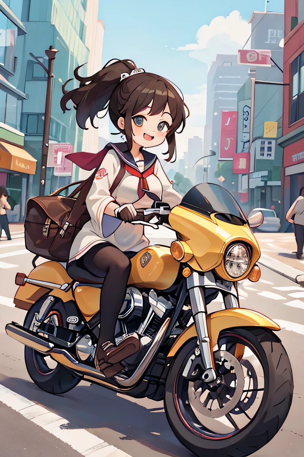 (8k、RAW photo、highest quality)、detailed background、beautiful and detailed face、beautiful and smooth skin、skin texture、professional lighting、cute美少女、
A cute character who wears a sailor suit.、The costume is a uniform with a sailor collar and ribbon..、white sailor one piece、sleeveless、cute、sexy pantyhose、black hair braided ponytail、(big breasts:1.2)、smile、laughter、smile、panty shot、cute、
Ride around the city on a large road bike、Can run fast around town、You can also enjoy the view of the city..、
skyscrapers and beautiful architecture、Park and riverside scenery、Enjoy the charm of the city while driving、
Harley-Davidson、Harley-Davidson、Sportster、Sportster、エントリーレベルのモデルでありHarley-Davidsonのユニークなデザインとパワフルなエンジンを特徴としています、
street glide、street glide、A type of touring bike、It is characterized by a comfortable ride and the ability to carry a lot of luggage.。.