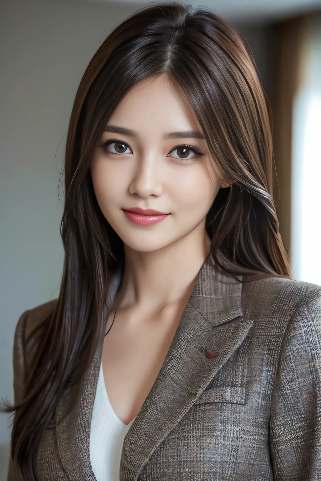 table top, highest quality, realistic, Super detailed, finely, High resolution, 8k wallpaper, 1 beautiful woman,, light brown messy hair, wearing a business suit, sharp focus, perfect dynamic composition, beautiful and detailed eyes, thin hair, Detailed realistic skin texture, smile, close-up portrait, model body shape