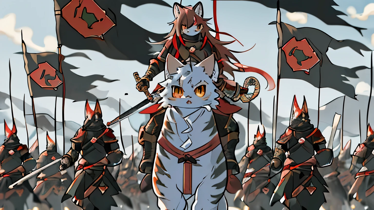 army of anthropomorphic cats in kemono style, they wear samurai armor, in a large desert, carry black flags, with a painted minimalist red cat and swords, march towards the camera on foot, walk organized in lines, their commander is in the middle highlighted, is a female anthropomorphic kemono style cat, riding on a white saber tooth tiger, with heavy armor, her hair is brown with red streaks, her fur is light brown, epic scene, anime style , battle composition, widescreen.