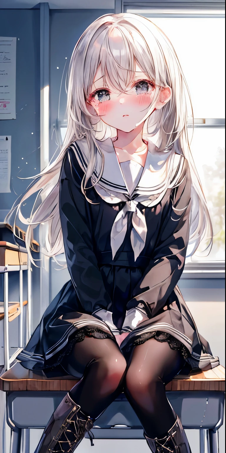 Black lace-up boots,white pantyhose,blush害羞,classroom scene,girl,,((absurd)), ((on the table)), (best quality), (lens flare), (Super detailed), (beautiful), ((cute girl)), alone, beautiful face, White skin, on the table, (10 : 1.3), , 、A girl goes to the toilet、 permanent, is crying, close her eyes, tears flow from eyes, Embarrassment comes from, blush), (girl is peeing: 1.2),, look away, sitting, Awkward, blush, The mouth opens slightly, classroom (girl leaking urine): 1.5)