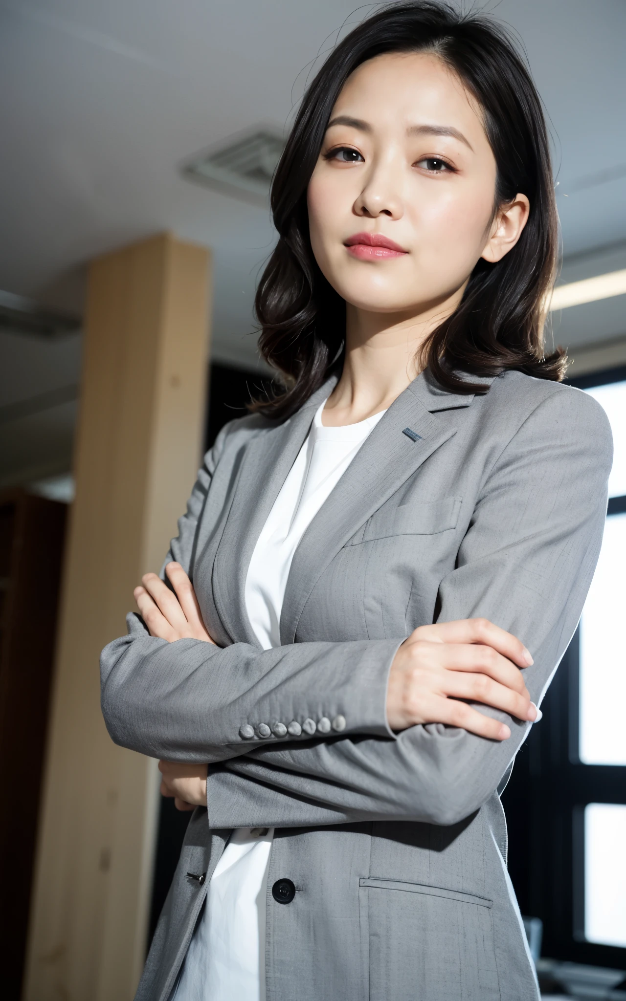 masterpiece,best quality, (1 milf), ((close up:0.5, tilt:0)), ((cross arms)), glare, gray blazer, white shirt, double eyelid, eyelash, lip gloss, (joy:0.2,), ((close eyes:0.85)), ((Looking at Viewer)), RAW, (from below:1), ((nobody)), office,