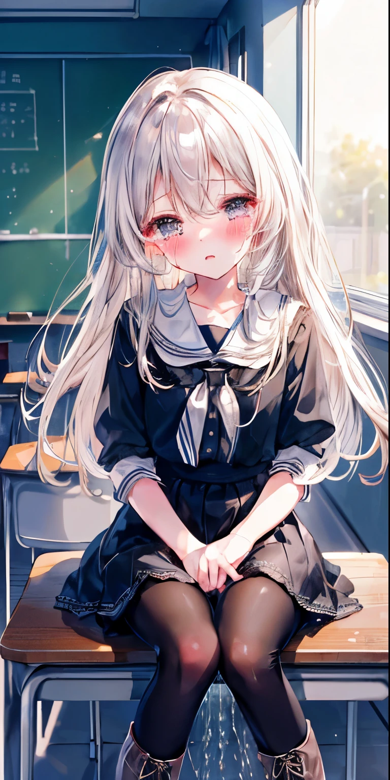 Black lace-up boots,white pantyhose,blush害羞,classroom scene,girl,,((absurd)), ((on the table)), (best quality), (lens flare), (Super detailed), (beautiful), ((cute girl)), alone, beautiful face, White skin, on the table, (10 : 1.3), , 、A girl goes to the toilet、 permanent, is crying, close her eyes, tears flow from eyes, Embarrassment comes from, blush), (girl is peeing: 1.2),, look away, sitting, Awkward, blush, The mouth opens slightly, classroom (girl leaking urine): 1.5)