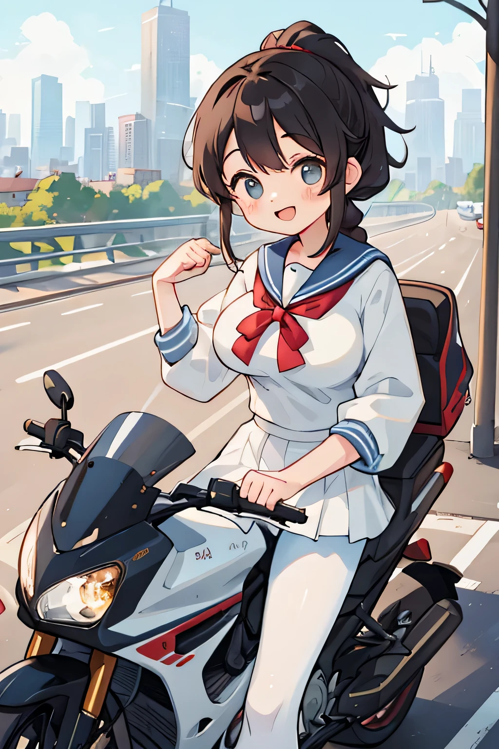 (8k、RAW photo、highest quality)、detailed background、beautiful and detailed face、beautiful and smooth skin、skin texture、professional lighting、cute美少女、
A cute character who wears a sailor suit.、The costume is a uniform with a sailor collar and ribbon..、white sailor one piece、sleeveless、cute、sexy pantyhose、black hair braided ponytail、(big breasts:1.2)、smile、laughter、smile、panty shot、cute、
Ride around the city on a large road bike、Can run fast around town、You can also enjoy the view of the city..、
skyscrapers and beautiful architecture、Park and riverside scenery、Enjoy the charm of the city while driving、
Ducati(Italy)、Ducati(Italy)、Panigale、Panigale、スーパーバイクとして知られるPanigaleは高性能なエンジンと優れた操縦性を兼ね備えたモデルです、
monster、monster、Representative model of sports naked bike, Stylish design and high performance.