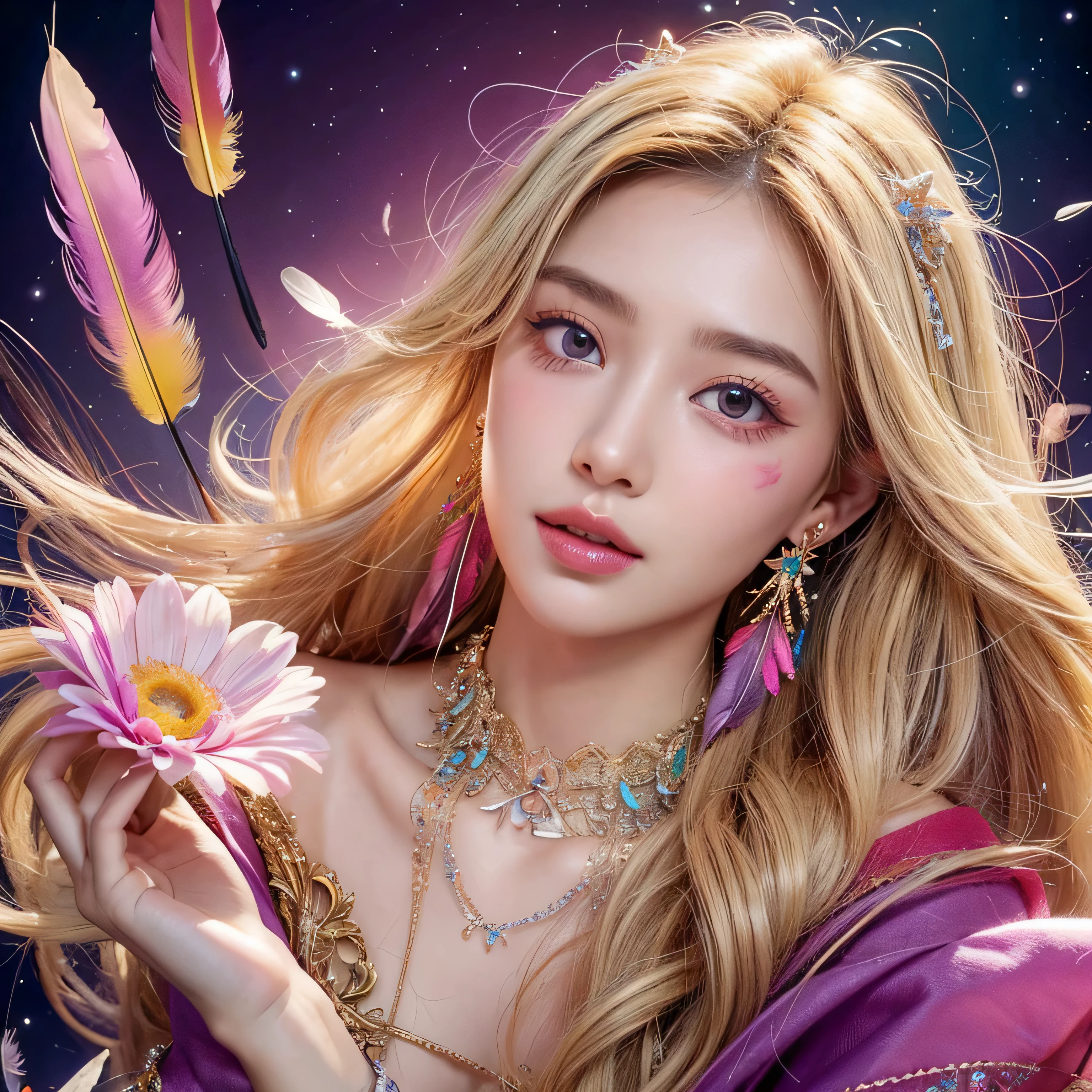best quality、best quality、official art、Beautiful and beautiful:1.2)、(1 girl:1.3)、small breasts、bare shoulders、blond、Color featheretal ornaments、色のflower、particle、Thunder Star Light and Shadow、The girl is very detailed 、(Fractal art:1.1)、(colorful:1.1)(flower:1.3)、most detailed、(tangled:1.2)、(dynamic poses)、(abstract background:1.3)、(skin shiny)、(Many colors:1.4 )、(View audience)、(earrings:1.4)、(feather:1.4),