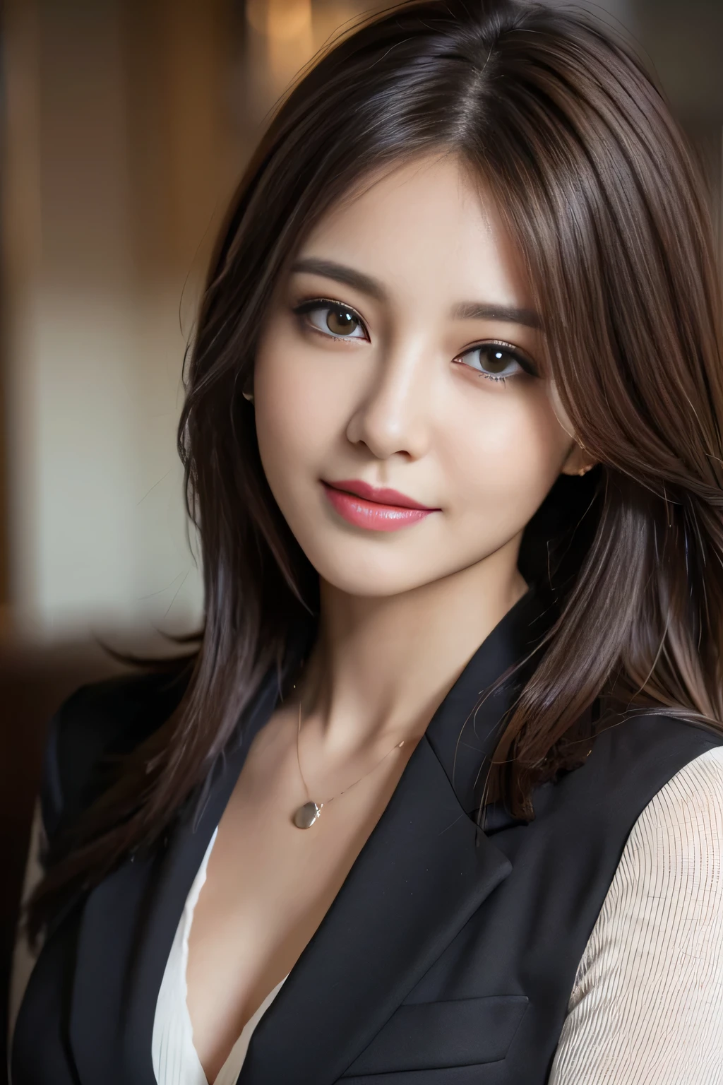 table top, highest quality, realistic, Super detailed, finely, High resolution, 8k wallpaper, 1 beautiful woman,, light brown messy hair, wearing a business suit, sharp focus, perfect dynamic composition, beautiful and detailed eyes, thin hair, Detailed realistic skin texture, smile, close-up portrait, model body shape