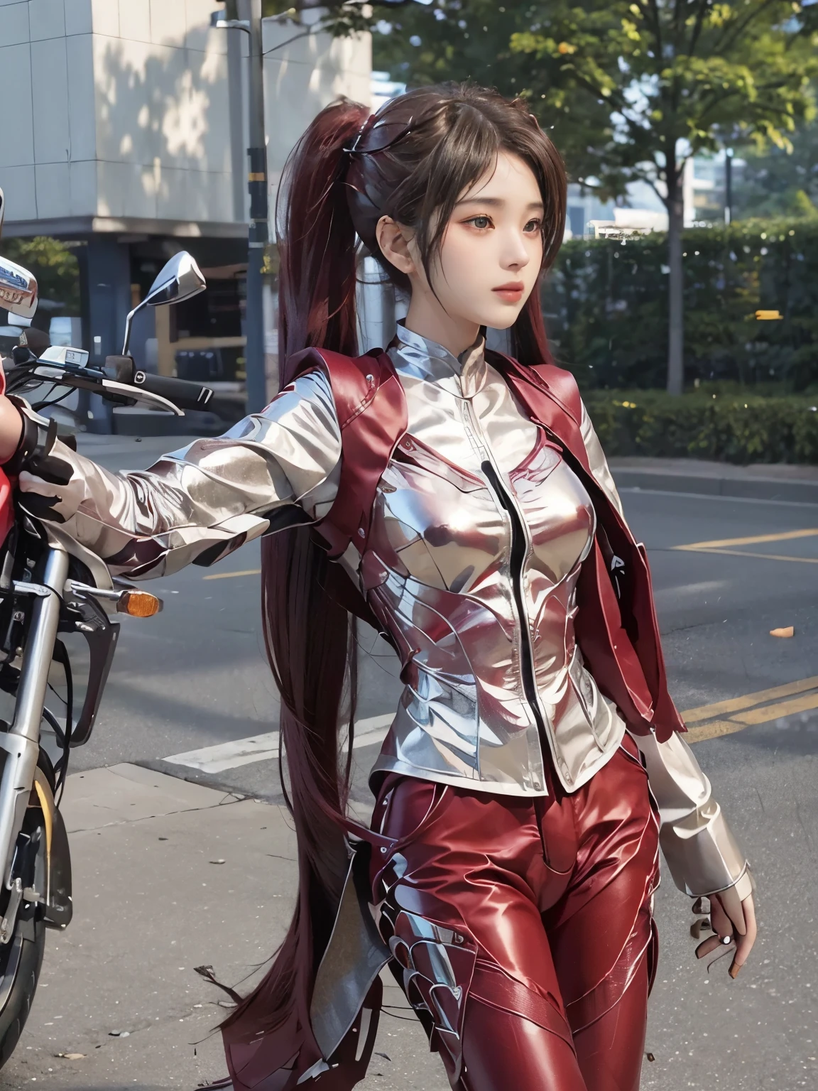 (realistic:1.5), 8k, Super delicate beauty, 1 girl, intricate bicycle details, (short: 1.3), (highest quality: 1.0), (Super high sharpness: 1.0),(Beautiful and delicate depiction of eyes),unreal engine:1.4, photorealistic:1.4, skin texture:1.4, masterpiece:1.8,highest quality、smile、long limbs、(((ride a motorcycle)))、(((Metallic red rider suit and long pants)))、(((twin tail hair)))