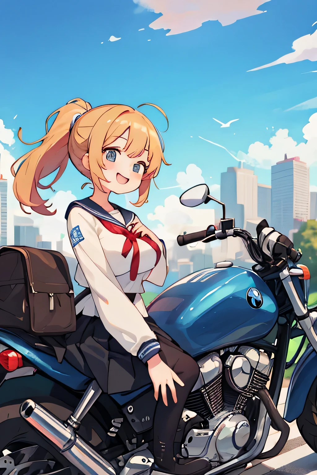 (8k、RAW photo、highest quality)、detailed background、beautiful and detailed face、beautiful and smooth skin、skin texture、professional lighting、cute美少女、
A cute character who wears a sailor suit.、The costume is a uniform with a sailor collar and ribbon..、white sailor one piece、sleeveless、cute、sexy pantyhose、black hair braided ponytail、(big breasts:1.2)、smile、laughter、smile、panty shot、cute、
Ride around the city on a large road bike、Can run fast around town、You can also enjoy the view of the city..、
skyscrapers and beautiful architecture、Park and riverside scenery、Enjoy the charm of the city while driving、
BMW、R series、R series、クラシックなデザインと高い信頼性で知られるR seriesはツーリングからアドベンチャーバイクまで幅広いモデルがあります、
S series、S series、A type of sports bike equipped with a high-output engine and advanced technology.