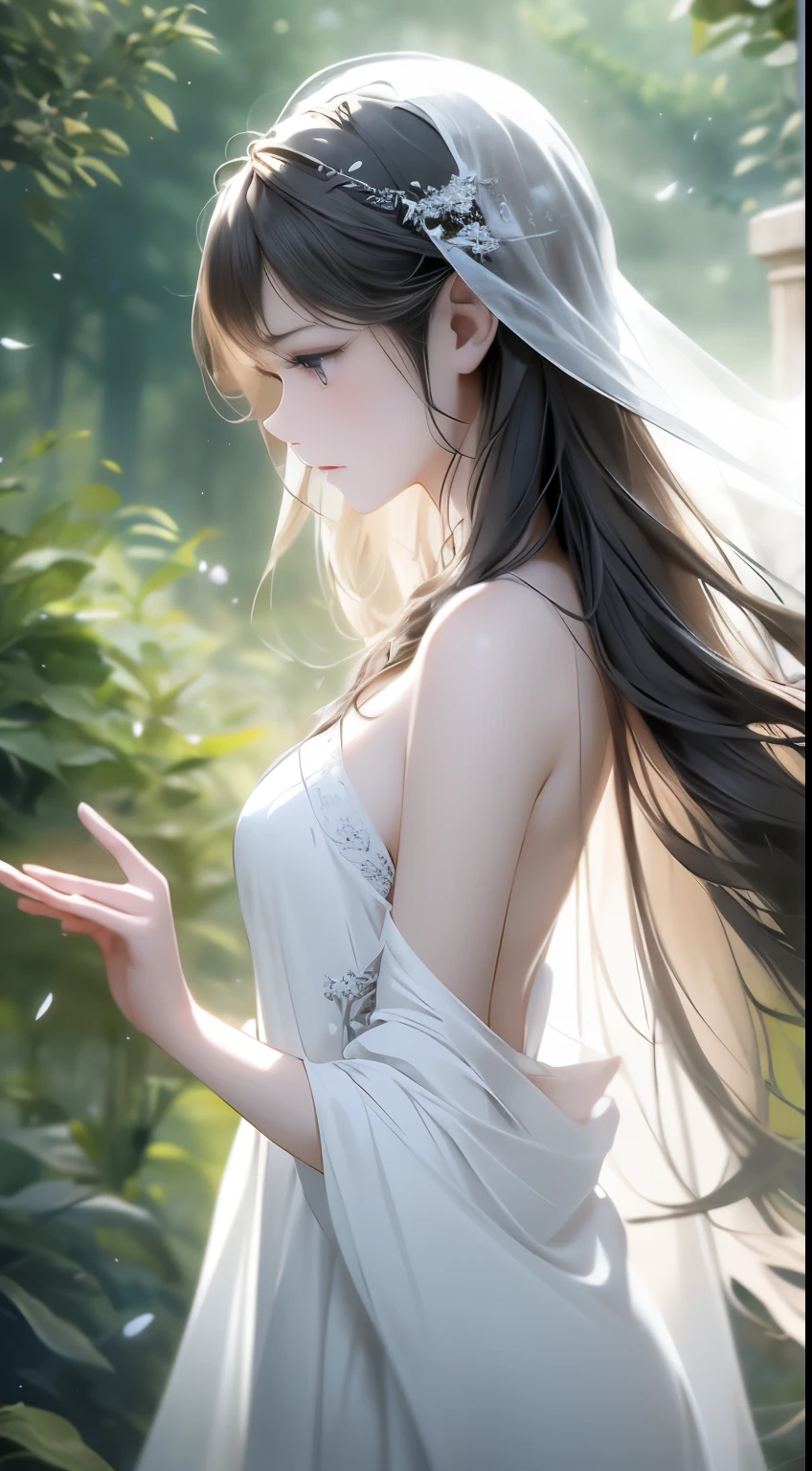 Girl with a sorrowful expression, a fairy hovering nearby, dressed in a white silk gown that gently billows in the breeze, extends a hand in a backhanded gesture, in an enchanted forest scene, with intricate patterns and delicately detailed flora, realistic CGI rendering, soft golden sunlight filtering through the canopy.