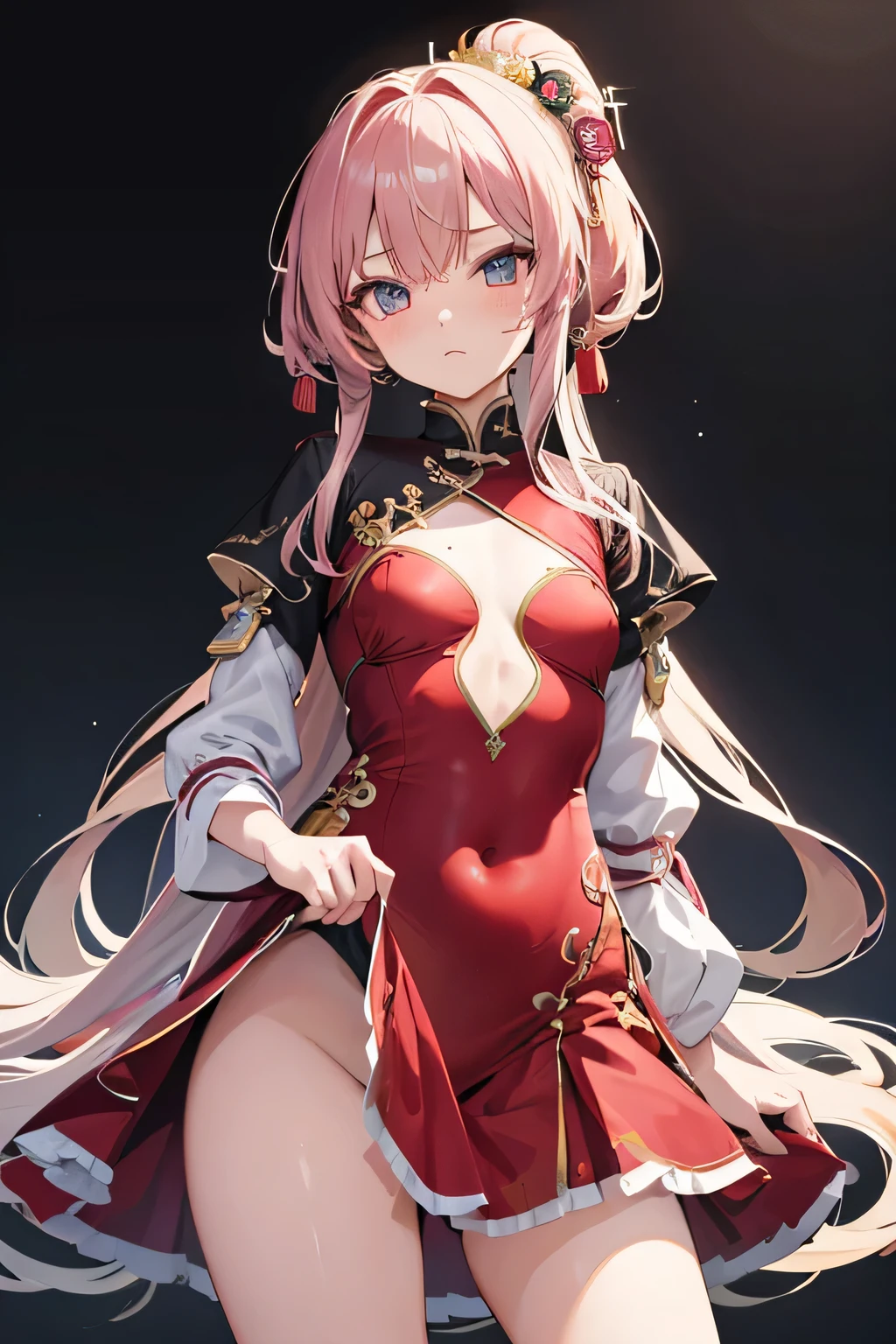 super detailed face, China dress, Saucy, small breasts, blush, female brat, nipple, , Super detailed costume, transparent navel, 勃起したnipple, highly detailed eyes, look at me, solid color background, lift the skirt, super detailed female genitalia, show female genitals