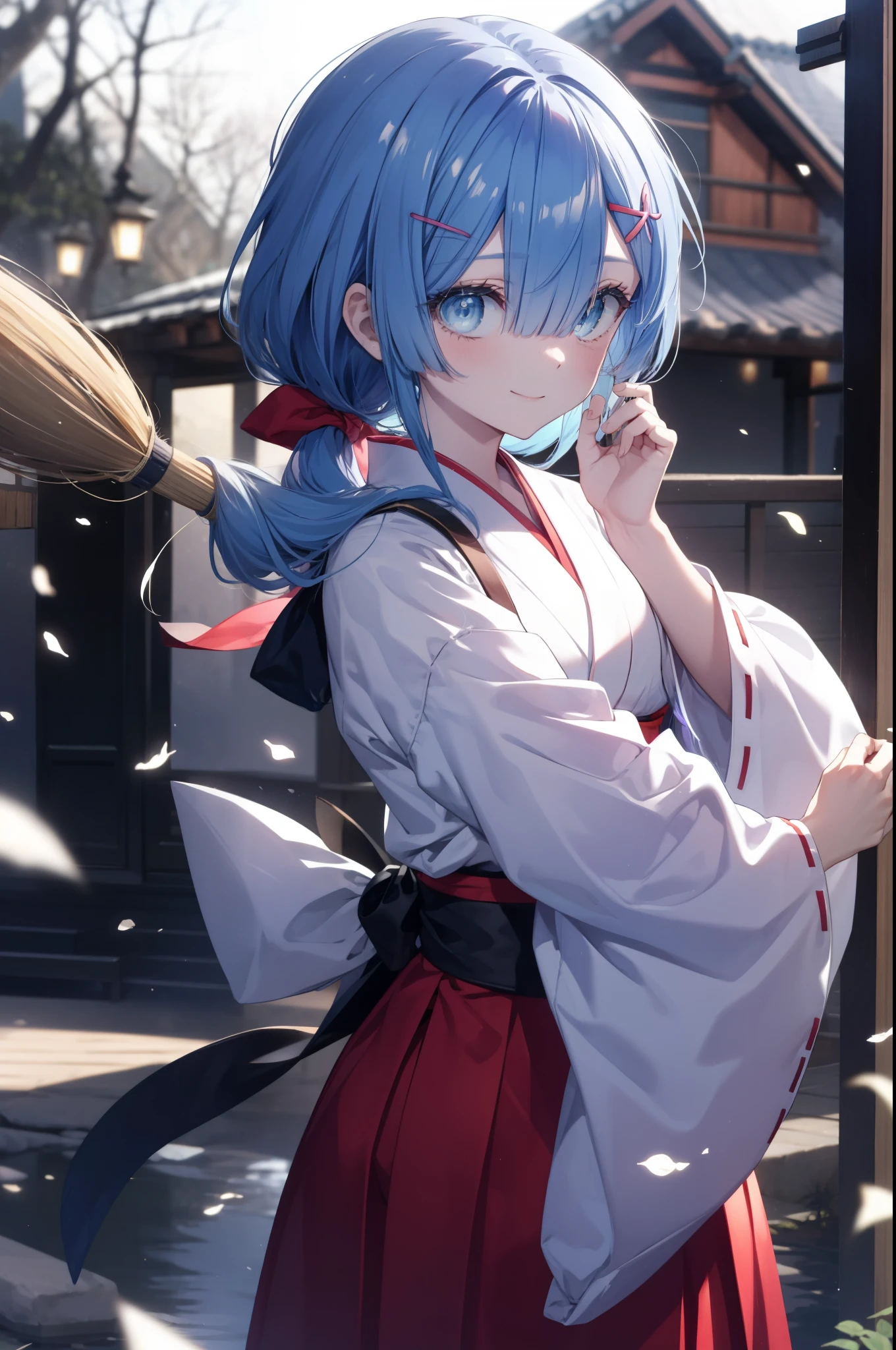 rezeroRem, Rem, blue eyes, blue hair, hair ornaments, hair above one eye, long hair,hair ribbon, x hair ornaments,smile,blush,Platycodon,Miko, kimono, kimono, same as skirt, wide sleeve, long sleeve,white foot bag,Zori ribbon trim sleeves, とてもlong hair, dull bangs, low ponytail, Holds the grip of a broom with both hands.,Sweeping,So that the whole body goes into the illustration,morning,noon,
break outdoors,shrine,
break looking at viewer, 
break (masterpiece:1.2), highest quality, High resolution, unity 8k wallpaper, (figure:0.8), (detailed and beautiful eyes:1.6), extRemely detailed face, perfect lighting, extRemely detailed CG, (perfect hands, perfect ???????),