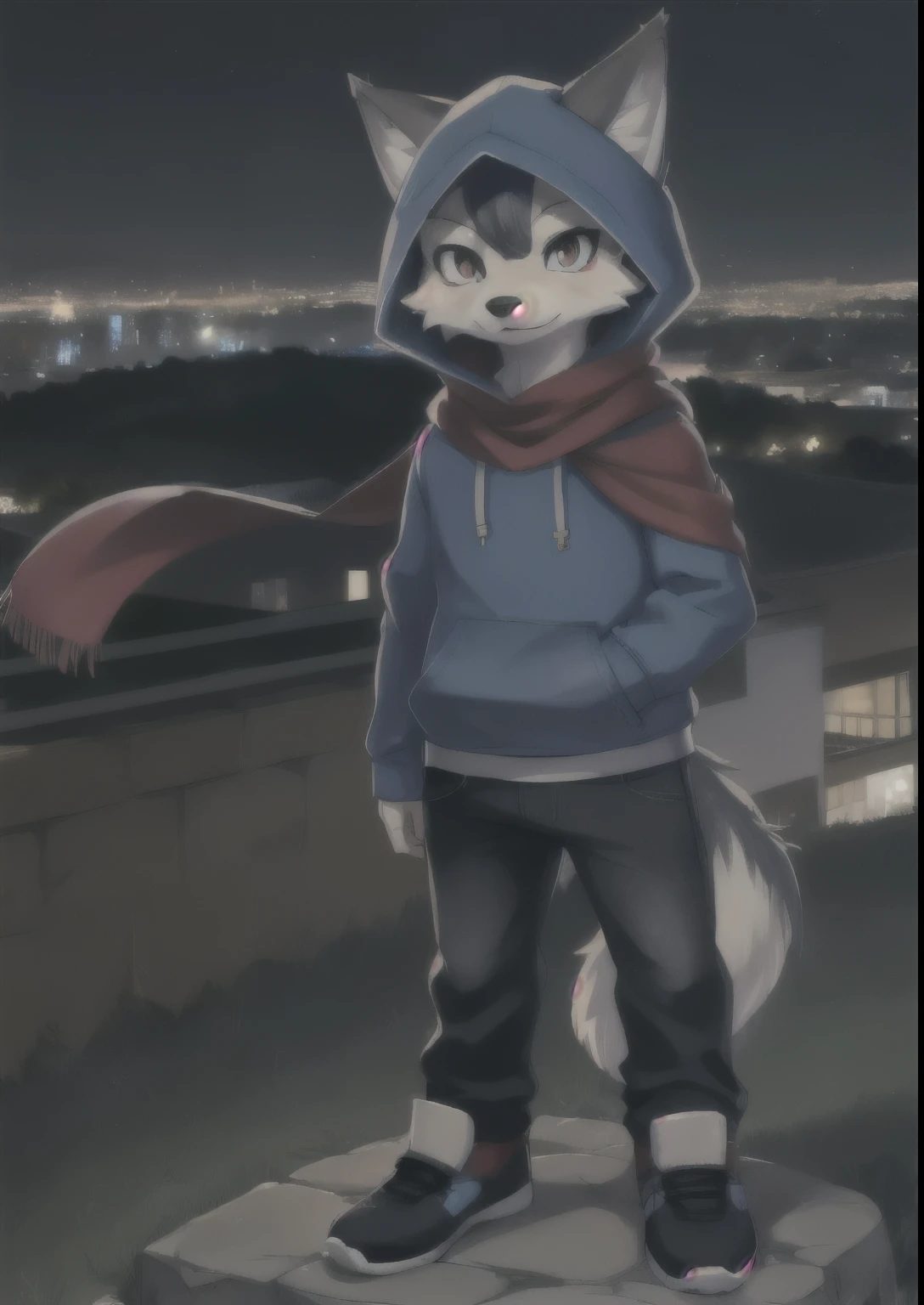 a full body, anthropomorphic wolf kid wearing a blue hoodie, pants and a red scarf aaround the neck, cute face , posing for a picture in a hill at night with a city in the distance