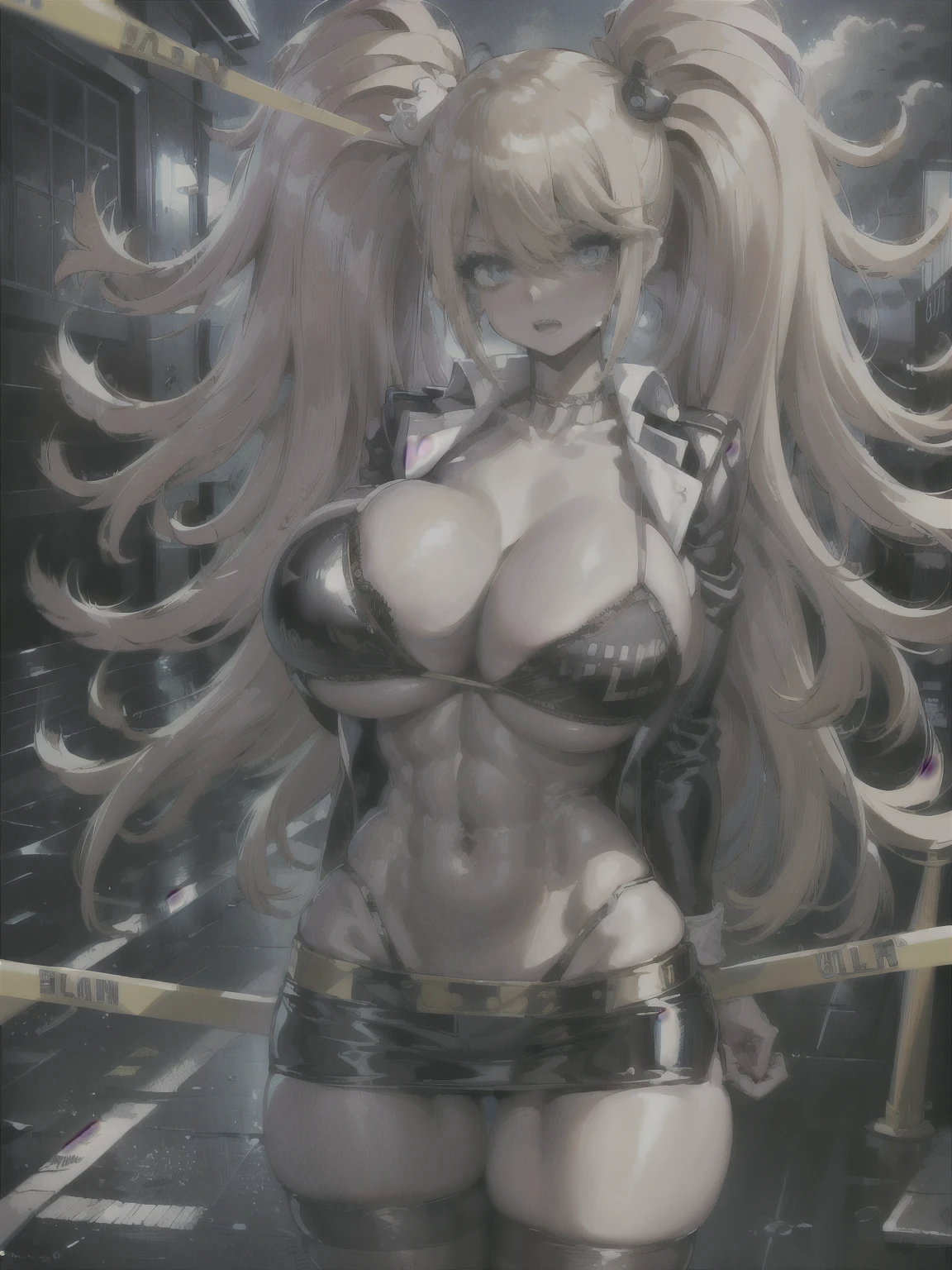 masterpiece, best quality, highly detailed, cowboy shot, portrait, text that says "do not cross"
harem, police woman, large breasts, , white jacket, (beltbra:1.2),(caution tape:1.3), deep skin, skindentation,
BREAK
city, alleyway, red_and_blue_lights, (police_car:1.2), siren, crime_scene, night, dark theme, ty), (clouds), add_detail:1, hair over eyes, hair over one eye, gigantic , tits, hyper largest_breasts!! with the type of elons,