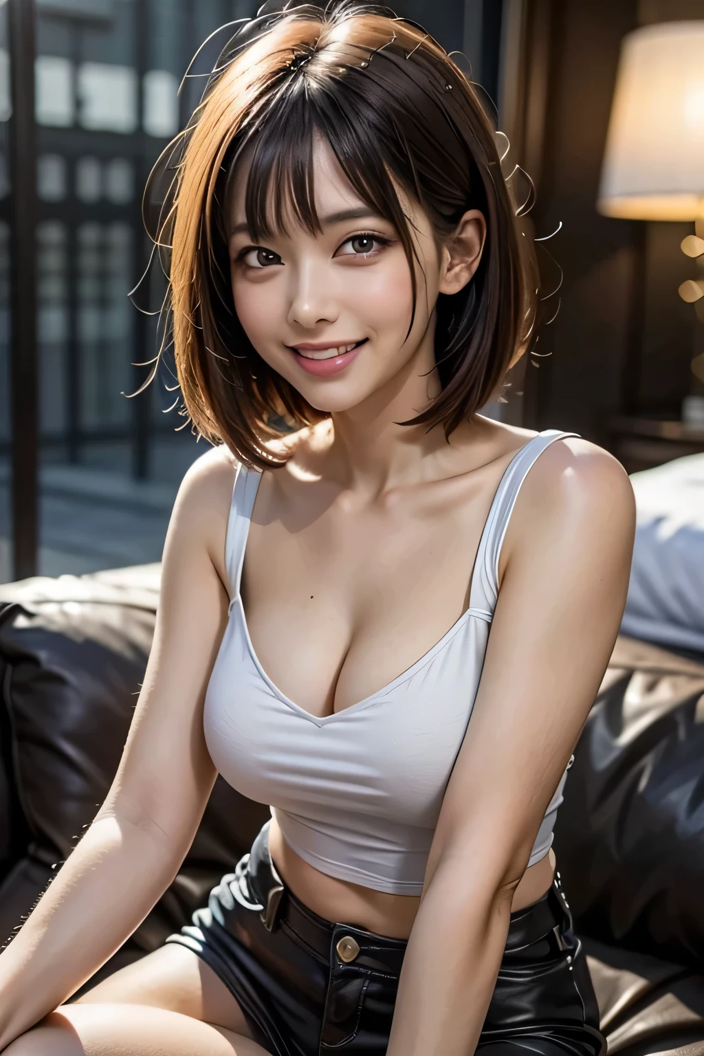 shine eyes, (looking at the viewer,smile with open mouth:1.1), ((1 girl)), (mature woman:1.4), (blush), alone, pink bob hair, (open crotch), (spread your legs), (thighs thighs), (police uniform), smile, on the hotel bed, table top, highest quality, Super detailed, shine, shine light, ray tracing, hard diskR, written boundary depth, (perfect face, detailed face, fine eyes,perfect hands,perfect fingers), 8k,hard disk,super realistic face,ray tracing,perfect lighting,highest quality, Super detailed