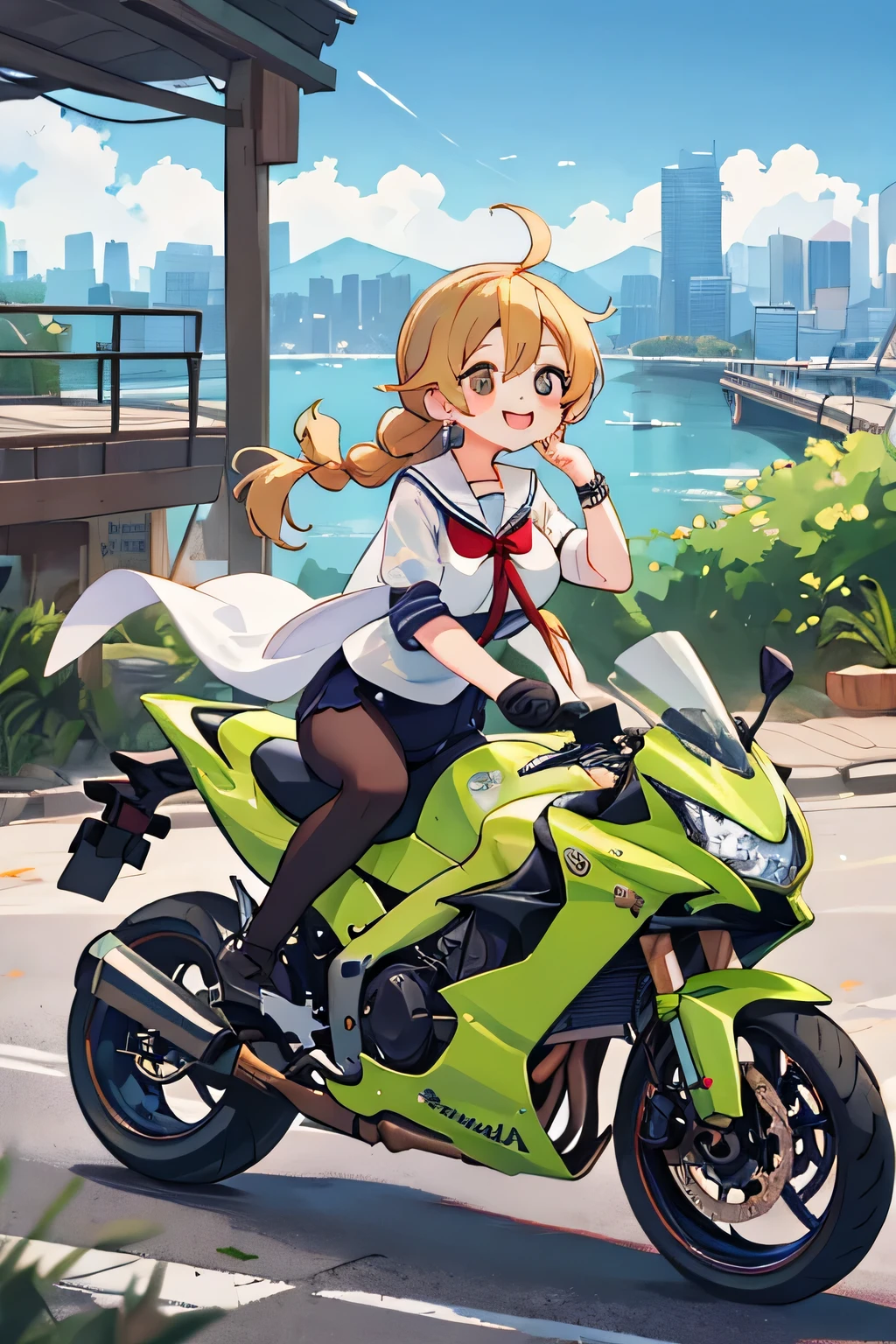 (8k、RAW photo、highest quality)、detailed background、beautiful and detailed face、beautiful and smooth skin、skin texture、professional lighting、cute美少女、
A cute character who wears a sailor suit.、The costume is a uniform with a sailor collar and ribbon..、white sailor one piece、sleeveless、cute、sexy pantyhose、black hair braided ponytail、(big breasts:1.2)、smile、laughter、smile、panty shot、cute、
Ride around the city on a large road bike、Can run fast around town、You can also enjoy the view of the city..、
skyscrapers and beautiful architecture、Park and riverside scenery、Enjoy the charm of the city while driving、
kawasaki、kawasaki、ninja、ninja、kawasakiのスーパースポーツバイクブランドであり高速性能と洗練されたデザインが魅力です、
Balkan半島、Balkan、kawasakiのクルーザーバイクシリーズであり力強いエンジンと快適な乗り心地が特徴です