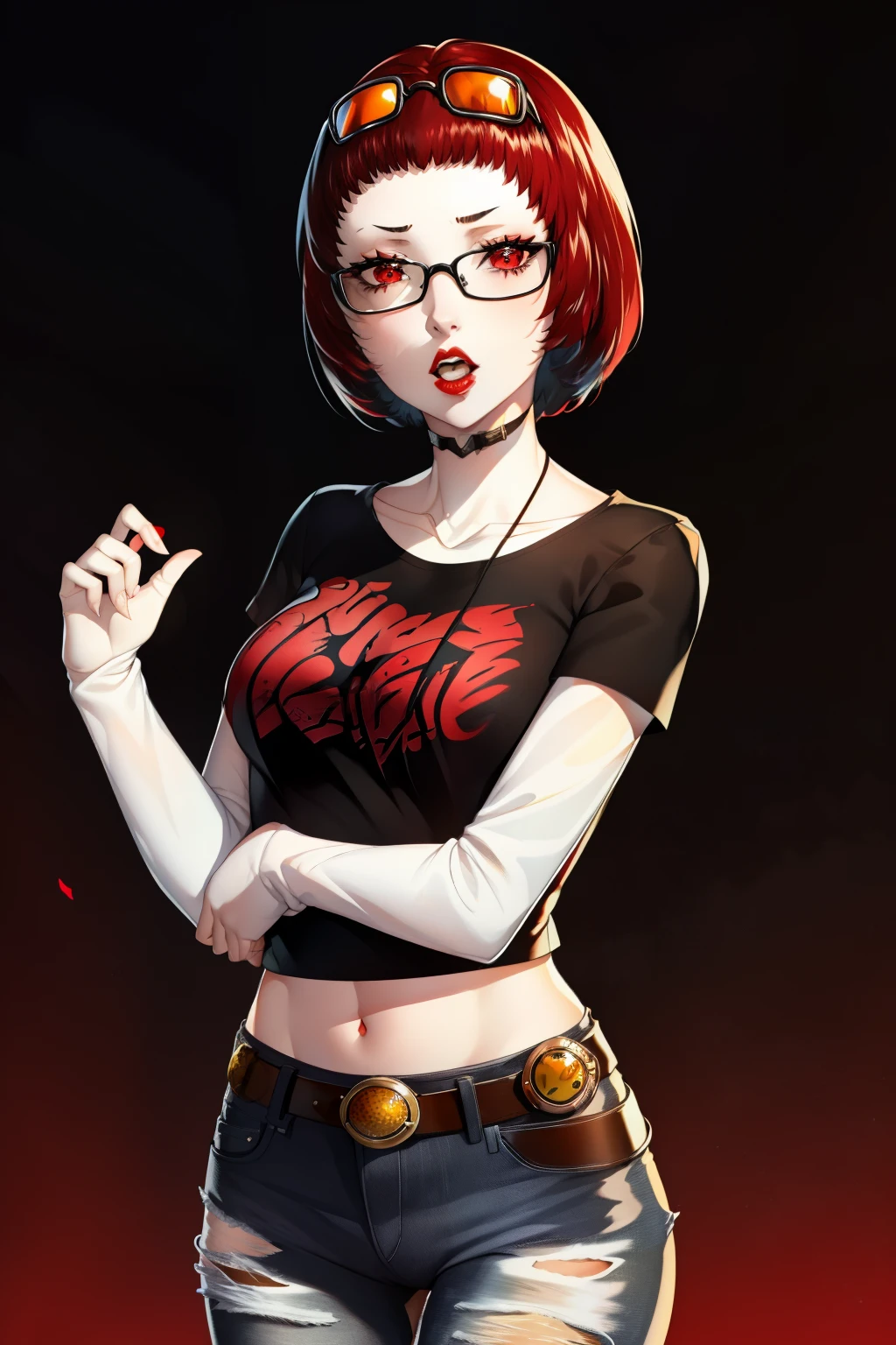 feMonica, short hair,red hair, red eyes ,glossy lips , 1girl, solo, standing, black t-shirt, white shirt, jeans, belt, lipstick, eyewear on head,
