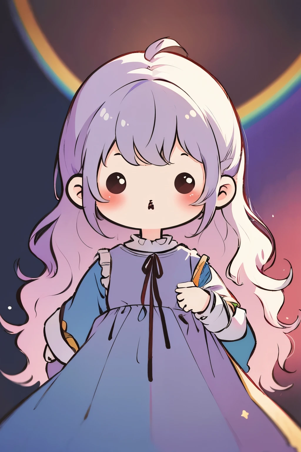 super deformed, best quality, 8k, RAW photo, incredibly absurdres, extremely detailed, beautiful woman, blurry look, iridescent white messy wavy short hair, (wind), wearing fluffy long-pile knit long pastel color dress, relax in the room, variety of visual styles that combine various artistic elements like a sparkling rainbow, BREAK , black oval eyes