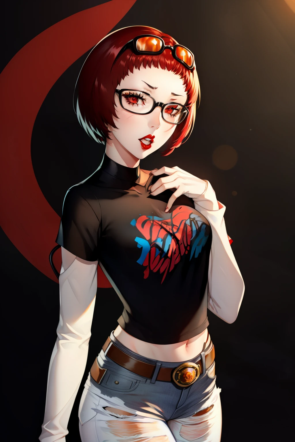 feMonica, short hair,red hair, red eyes ,glossy lips , 1girl, solo, standing, black t-shirt, white shirt, jeans, belt, lipstick, eyewear on head,
