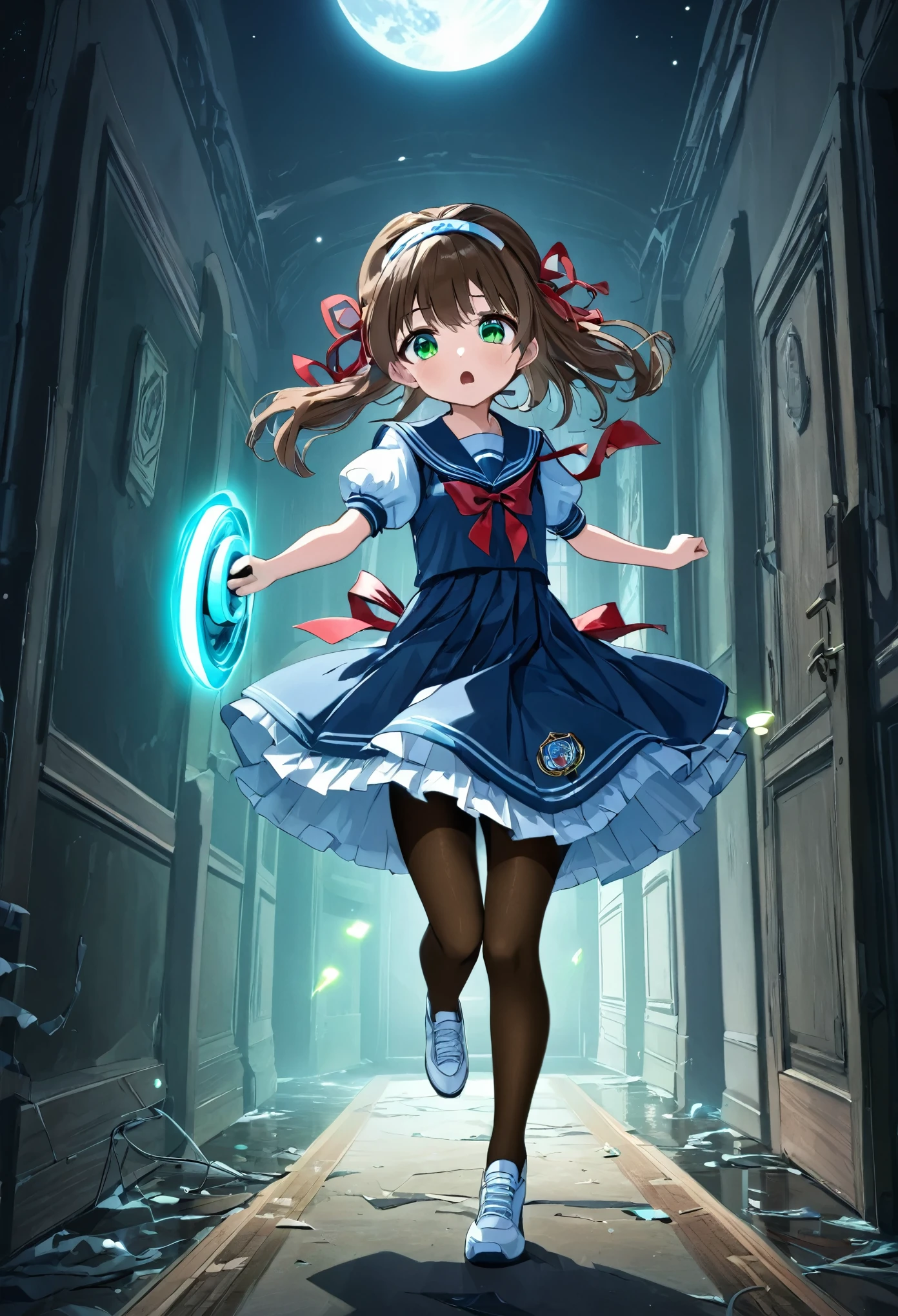 (best quality,4k,highres) A cute 15 years old japaneese girl, drawn in anime style, futuristic, Frutiger aero aesthetic, sci-fi, is afraid, jade green eyes, long brown hair, ribbon headband, small breast, white and blue futuristic sailor lolita dress with puffy sleeves, school crest, red ribbon, navy blue pantyhose, High tech sport shoes with glowing parts, holding a flashlight, screaming in horror, in a abandoned haunted mansion, running away from a ghost, at night, moonlight, low brightness, darkness, highly detailed, 4K.