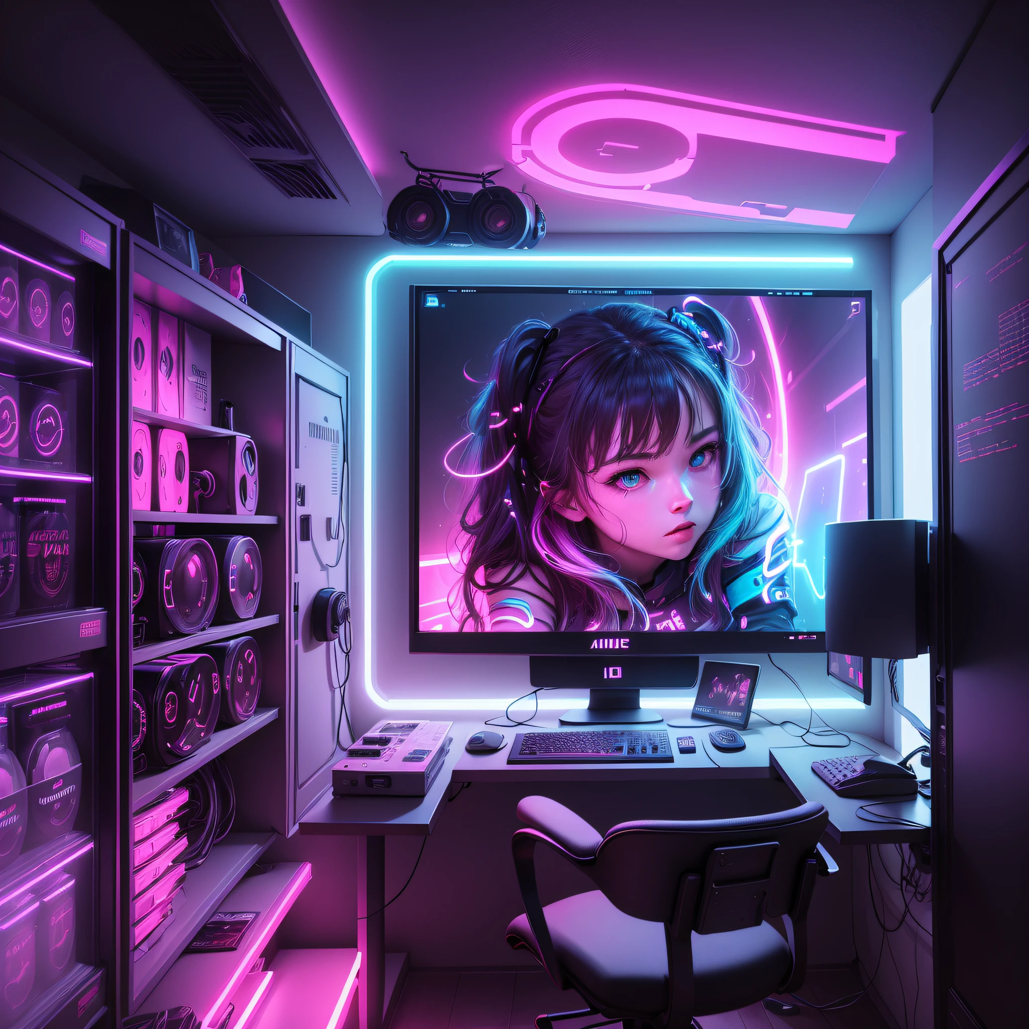 ((Mejor calidad)), ((Obra maestra)), 1 chica, sala de juegos, neon lights, LED lighting, hacker, red room --auto --s2