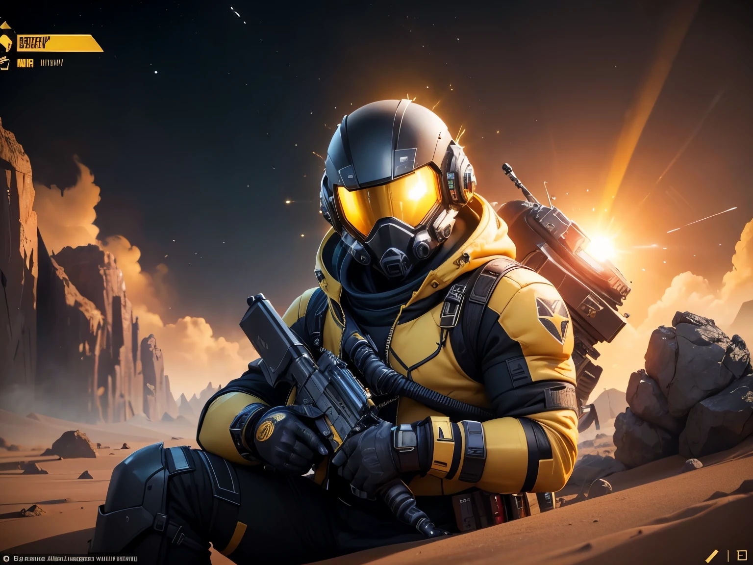 arafed image of a man in a yellow jacket and a black and yellow jacket, video game screenshot>, deep rock galactic screenshot, satisfactory screenshot, gameplay footage, giant sentinel crashed on earth, gameplay still, no man's sky righteous auditor, solar flare unreal engine, screenshot from game, space soldier on mars with a gun, destroyed planet, vfx shot
