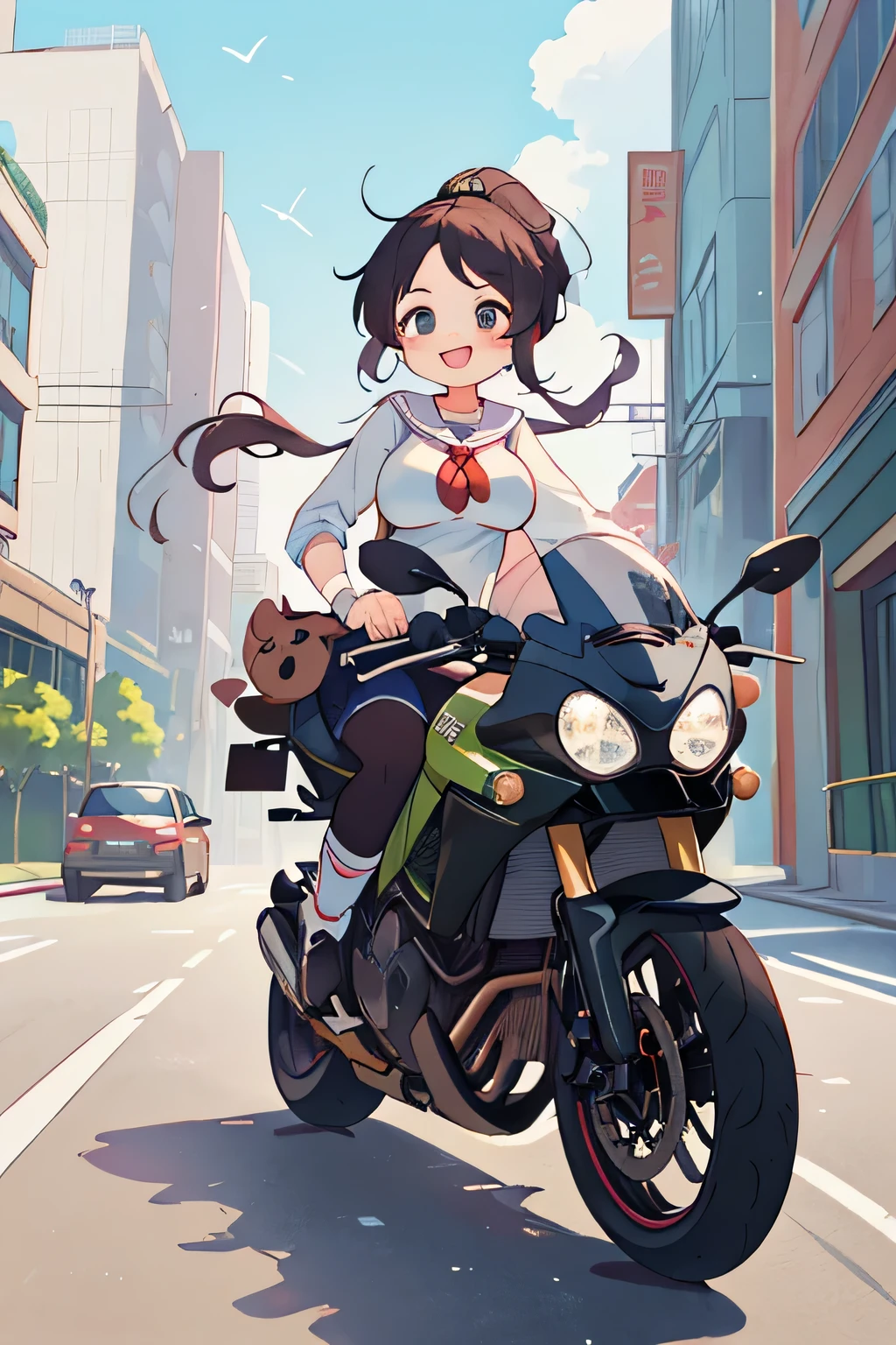 (8k、RAW photo、highest quality)、detailed background、beautiful and detailed face、beautiful and smooth skin、skin texture、professional lighting、cute美少女、
A cute character who wears a sailor suit.、The costume is a uniform with a sailor collar and ribbon..、white sailor one piece、sleeveless、cute、sexy pantyhose、black hair braided ponytail、(big breasts:1.2)、smile、laughter、smile、panty shot、cute、
Ride around the city on a large road bike、Can run fast around town、You can also enjoy the view of the city..、
skyscrapers and beautiful architecture、Park and riverside scenery、Enjoy the charm of the city while driving、
kawasaki、kawasaki、ninja、ninja、kawasakiのスーパースポーツバイクブランドであり高速性能と洗練されたデザインが魅力です、
Balkan半島、Balkan、kawasakiのクルーザーバイクシリーズであり力強いエンジンと快適な乗り心地が特徴です