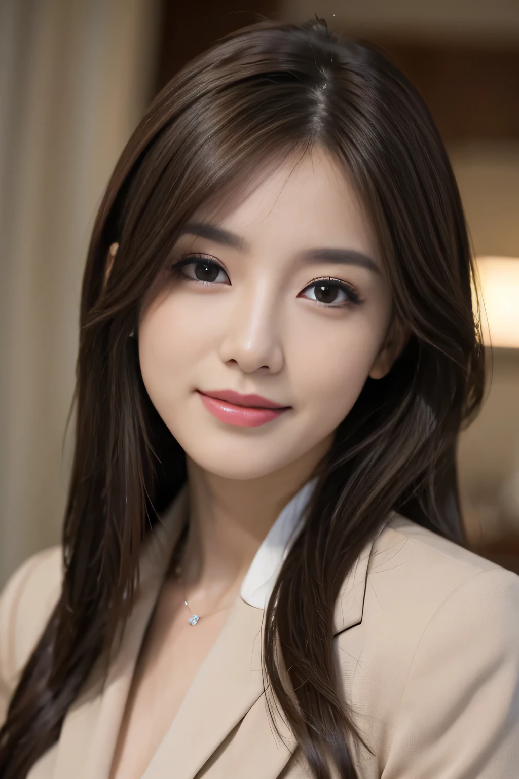 table top、highest quality、genuine、Super detailed、finely、High resolution、8k wallpaper、one beautiful woman、、、light brown disheveled hair、wearing a business suit、sharp focus、perfect dynamic composition、beautiful and detailed eyes、thin hair、詳細なgenuineな肌の質感、smile、close-up portrait、model body shape