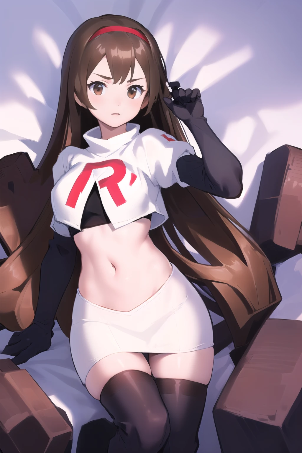 masterpiece, best quality, portrait, 1girl, long hair, brown hair, brown eyes ,team rocket,team rocket uniform, red letter R, white skirt,white crop top,black thigh-highs, black elbow gloves,