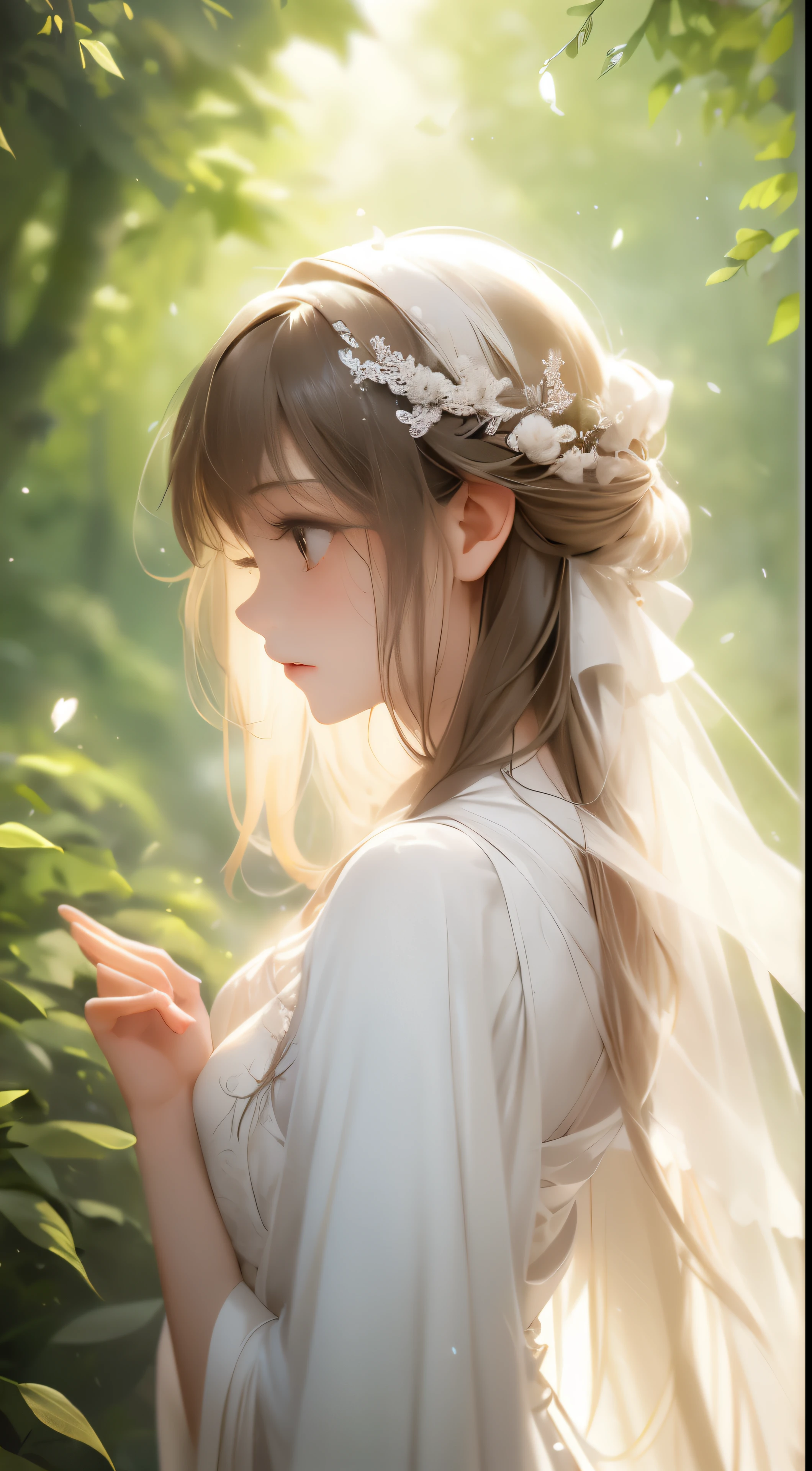 Girl with a sorrowful expression, a fairy hovering nearby, dressed in a white silk gown that gently billows in the breeze, extends a hand in a backhanded gesture, in an enchanted forest scene, with intricate patterns and delicately detailed flora, realistic CGI rendering, soft golden sunlight filtering through the canopy.