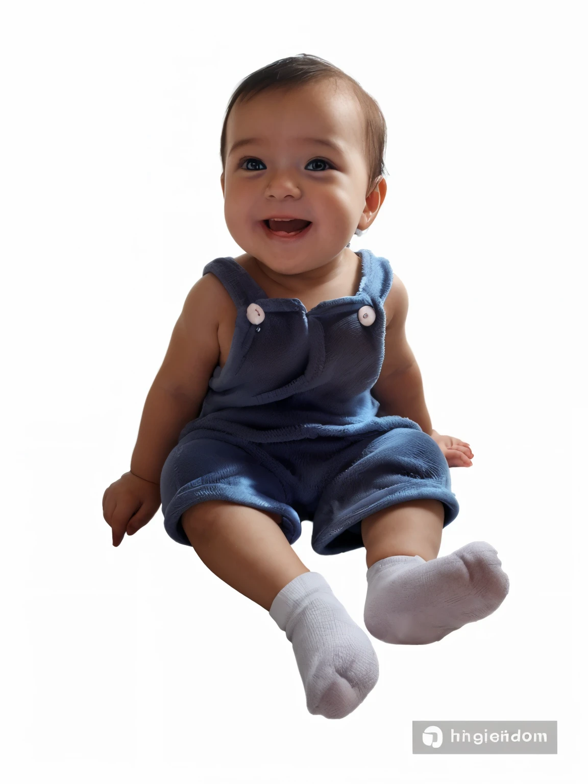 a baby sitting wearing a blue onesie, facing forward, straight black hair, sharp face, black eyes, smiling with a white background