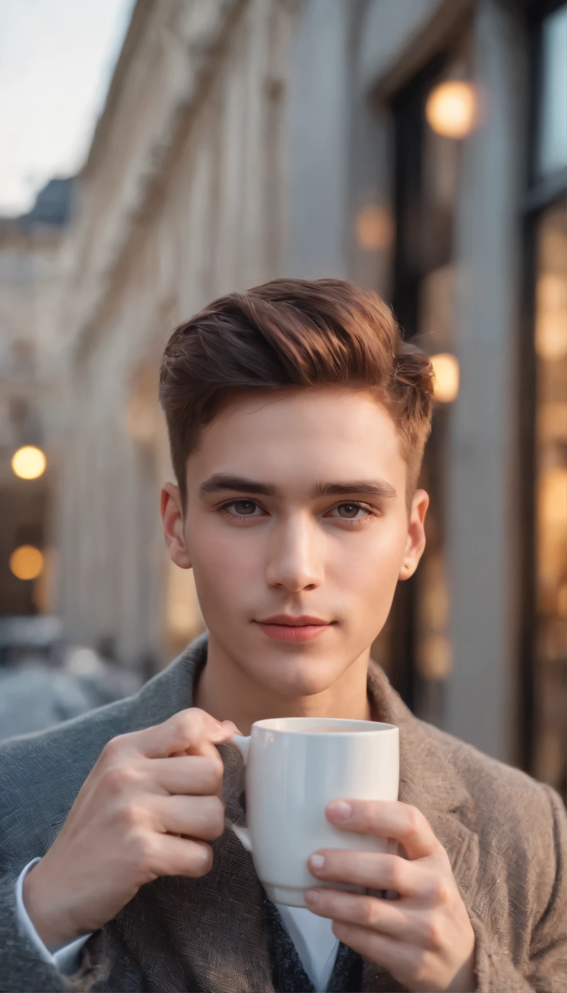 (bright, vibrant:1.2),professional lighting, detailed facial features, stylish haircut, expressive eyes, a boy model, holding a coffee mug, stylish outfit, confident pose, modern art style, high-resolution rendering, vivid colors, urban setting, natural lighting
